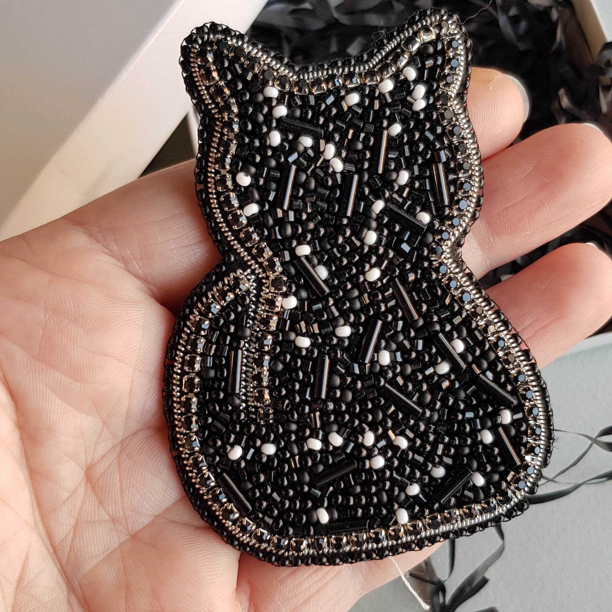 Cat beaded brooches hand embroidered in black and gold colors with beads crystals and metallic details