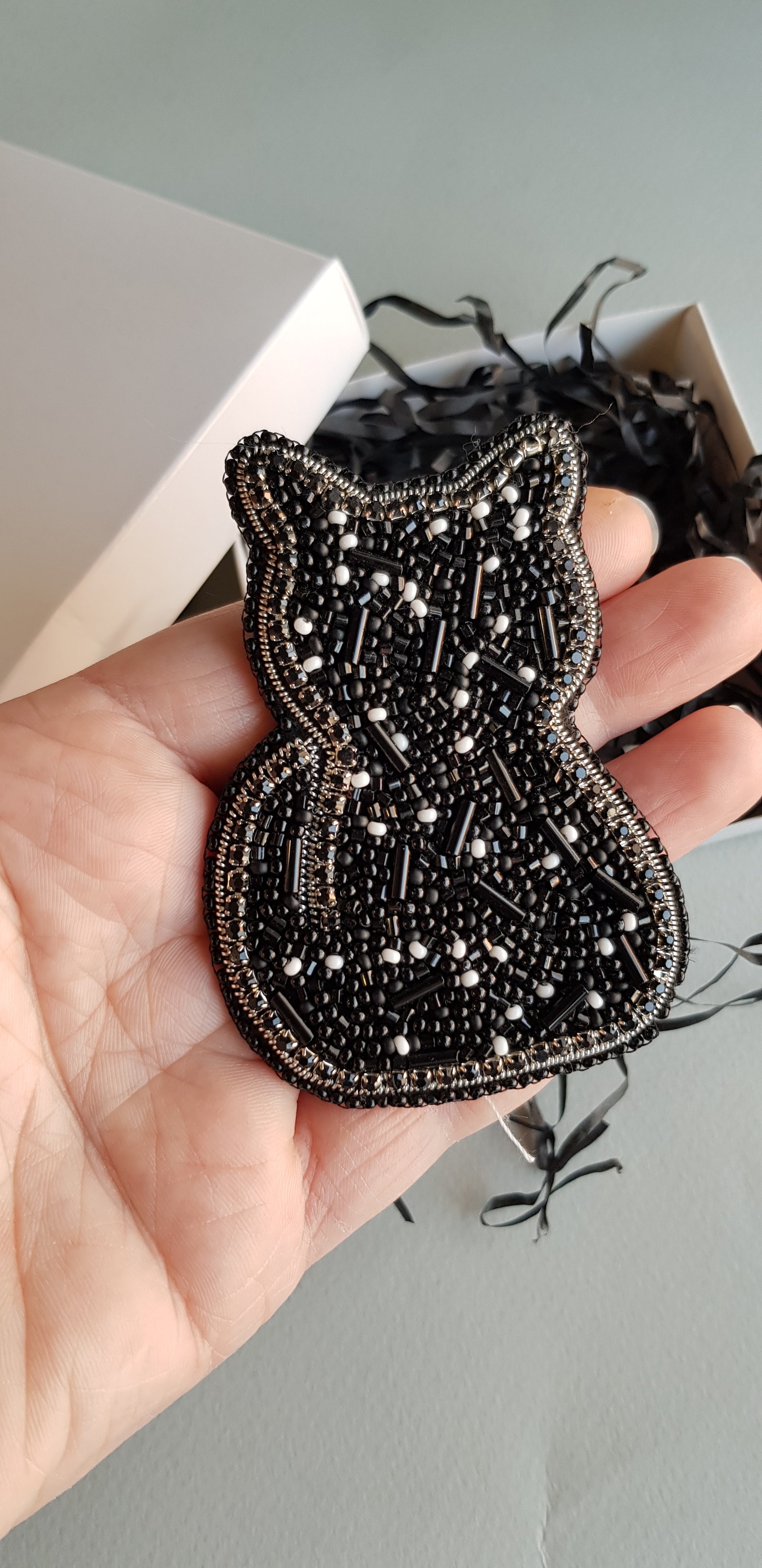 Cat beaded brooches hand embroidered in black and gold colors with beads crystals and metallic details
