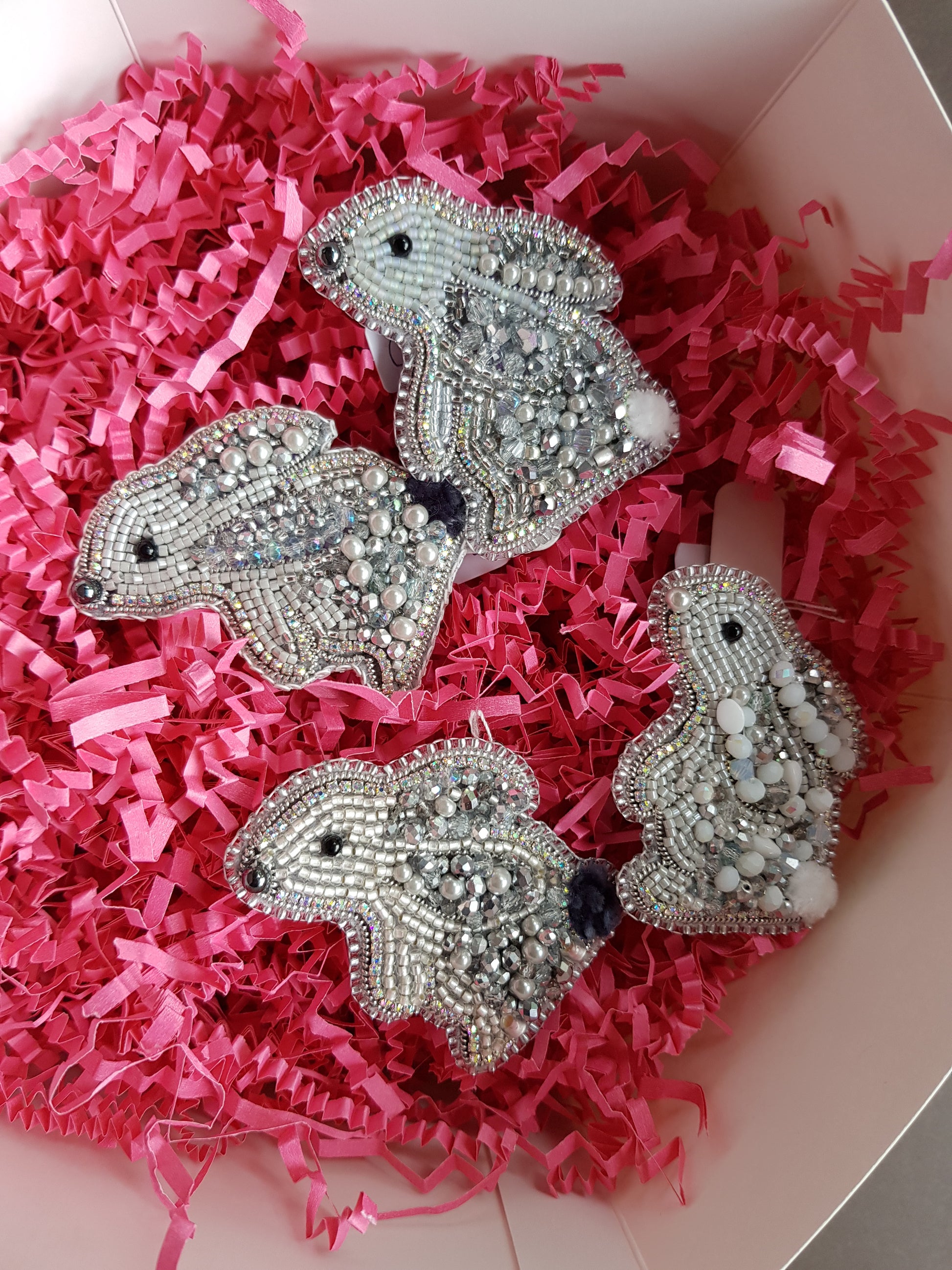 Gray mini bunny beaded brooch hand embroidered with beads pearls and crystal details