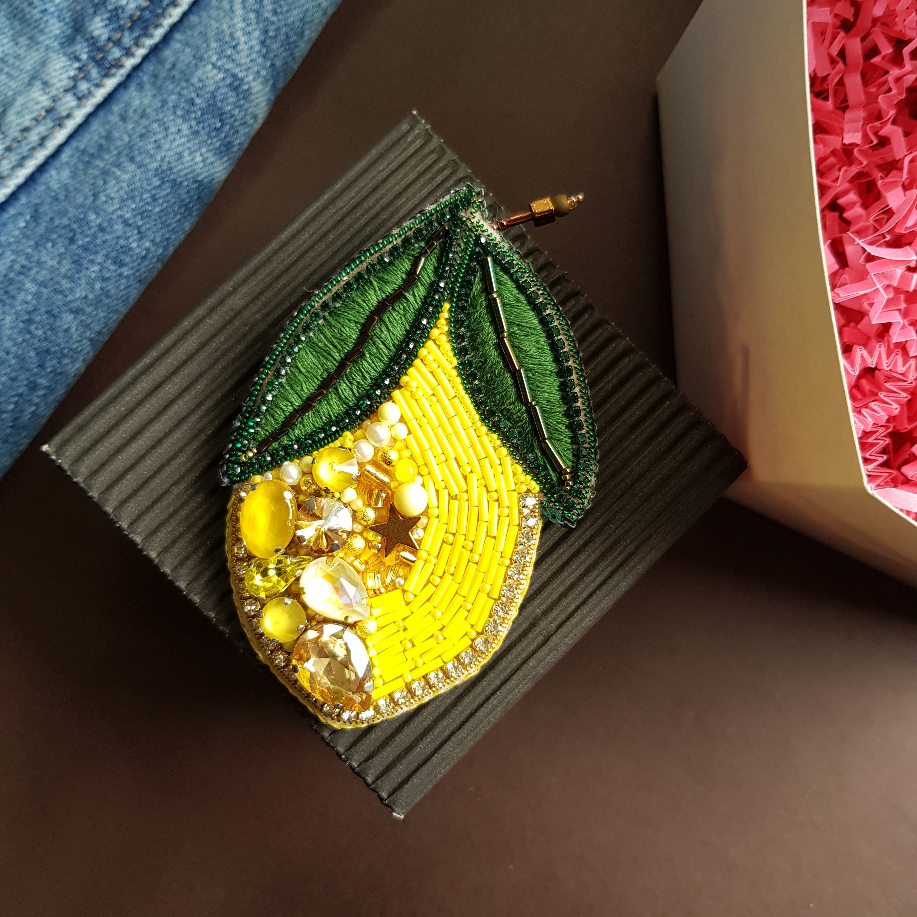 Large lemon beaded brooch hand embroidered with yellow crystals green leaves and bead details