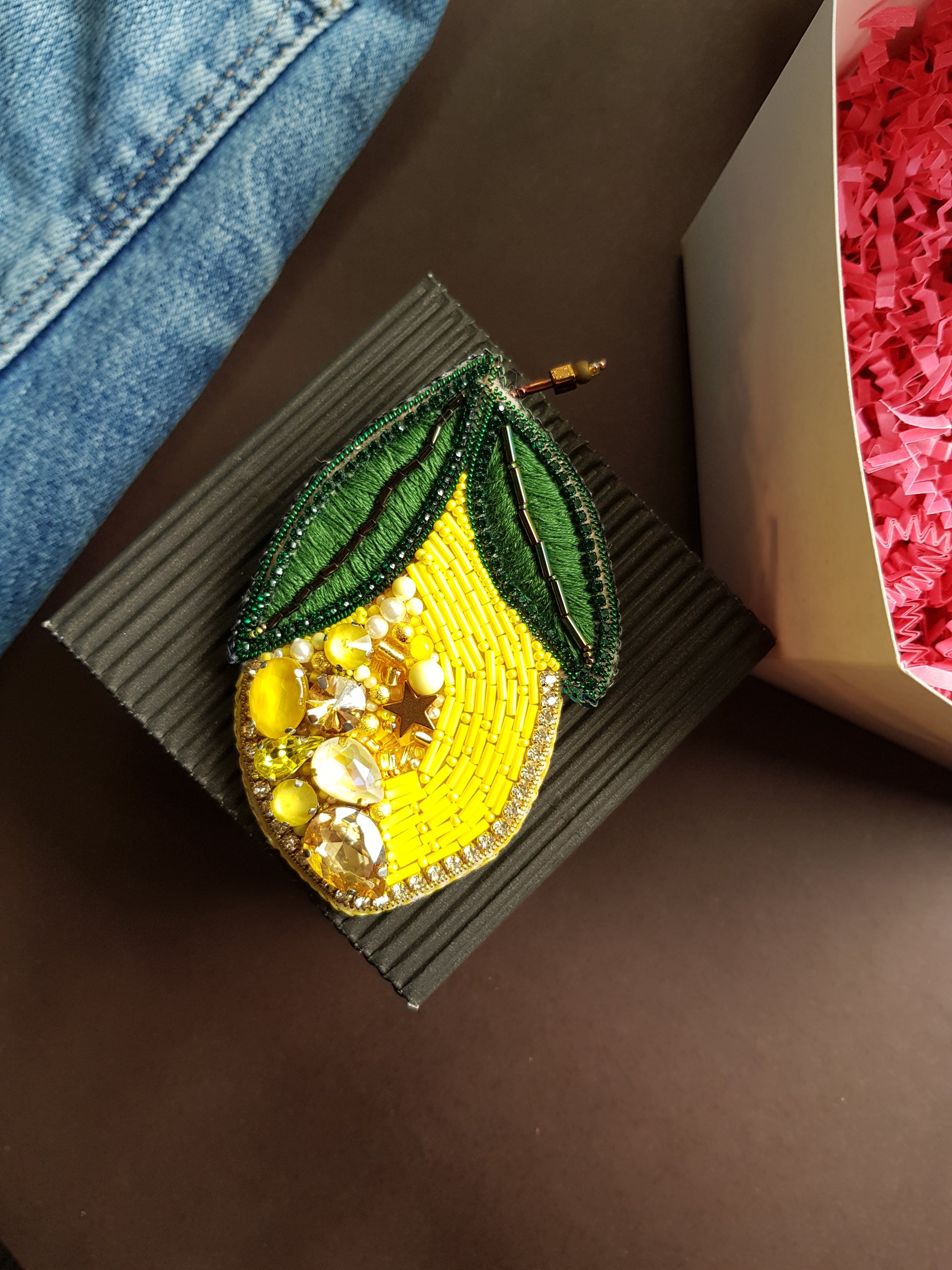 Large lemon beaded brooch hand embroidered with yellow crystals green leaves and bead details