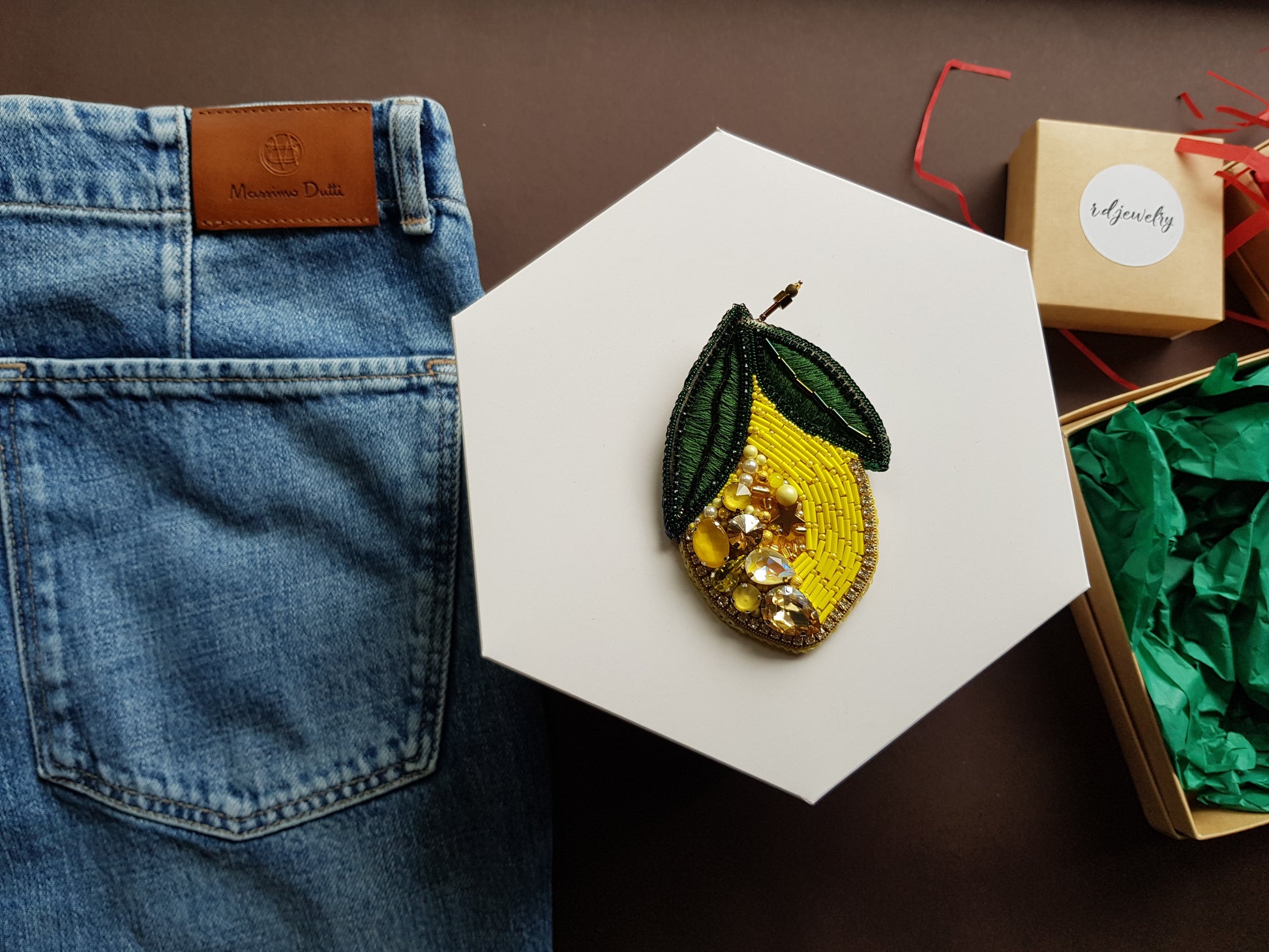 Large Lemon Beaded Brooch