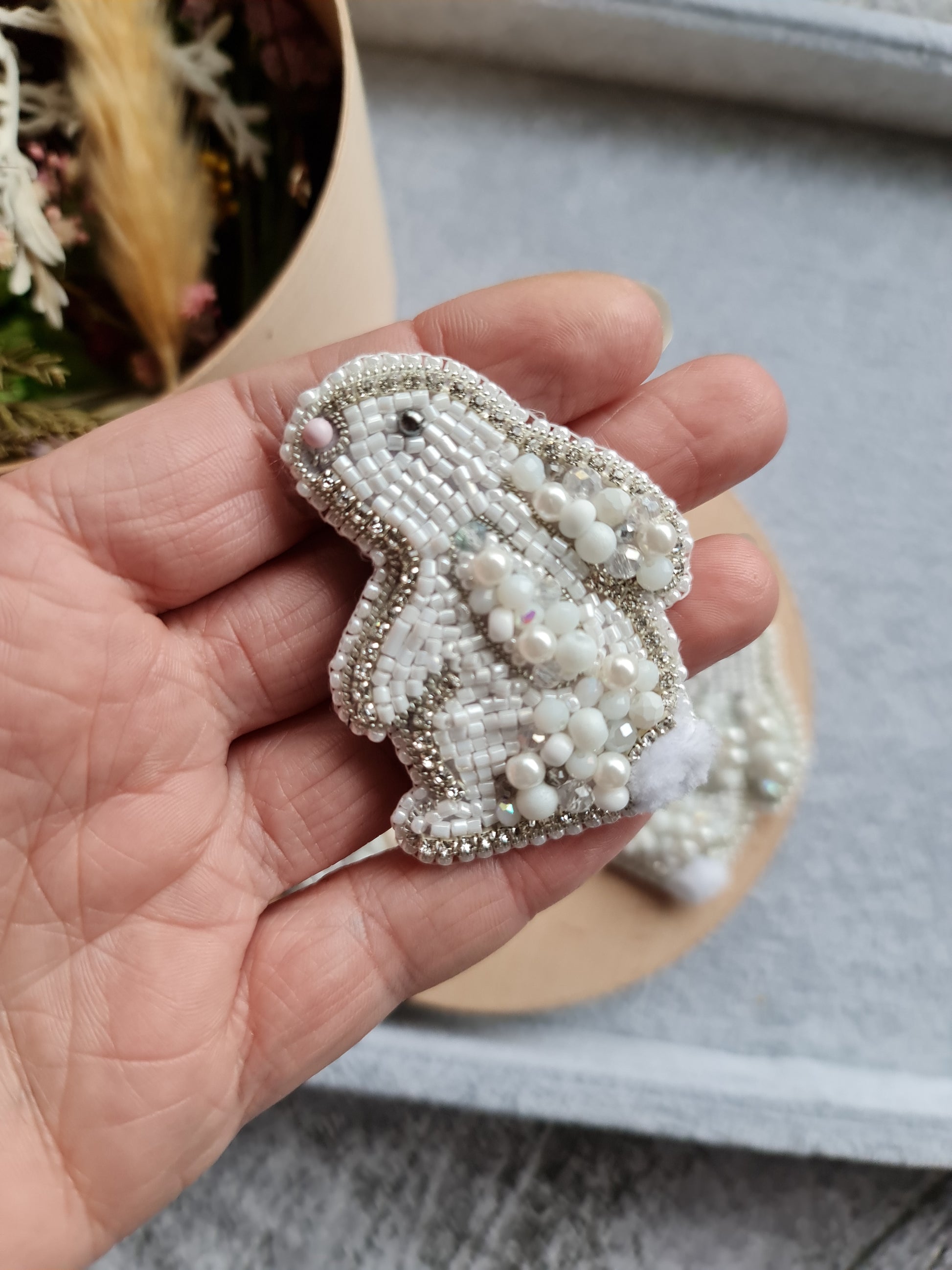 White mini bunny beaded brooch hand embroidered with pearls beads and crystal details