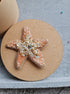 Model wearing the Stellar Seas Starfish Brooch as a statement accessory, highlighting its ocean-inspired design with warm peach, beige, and golden tones.