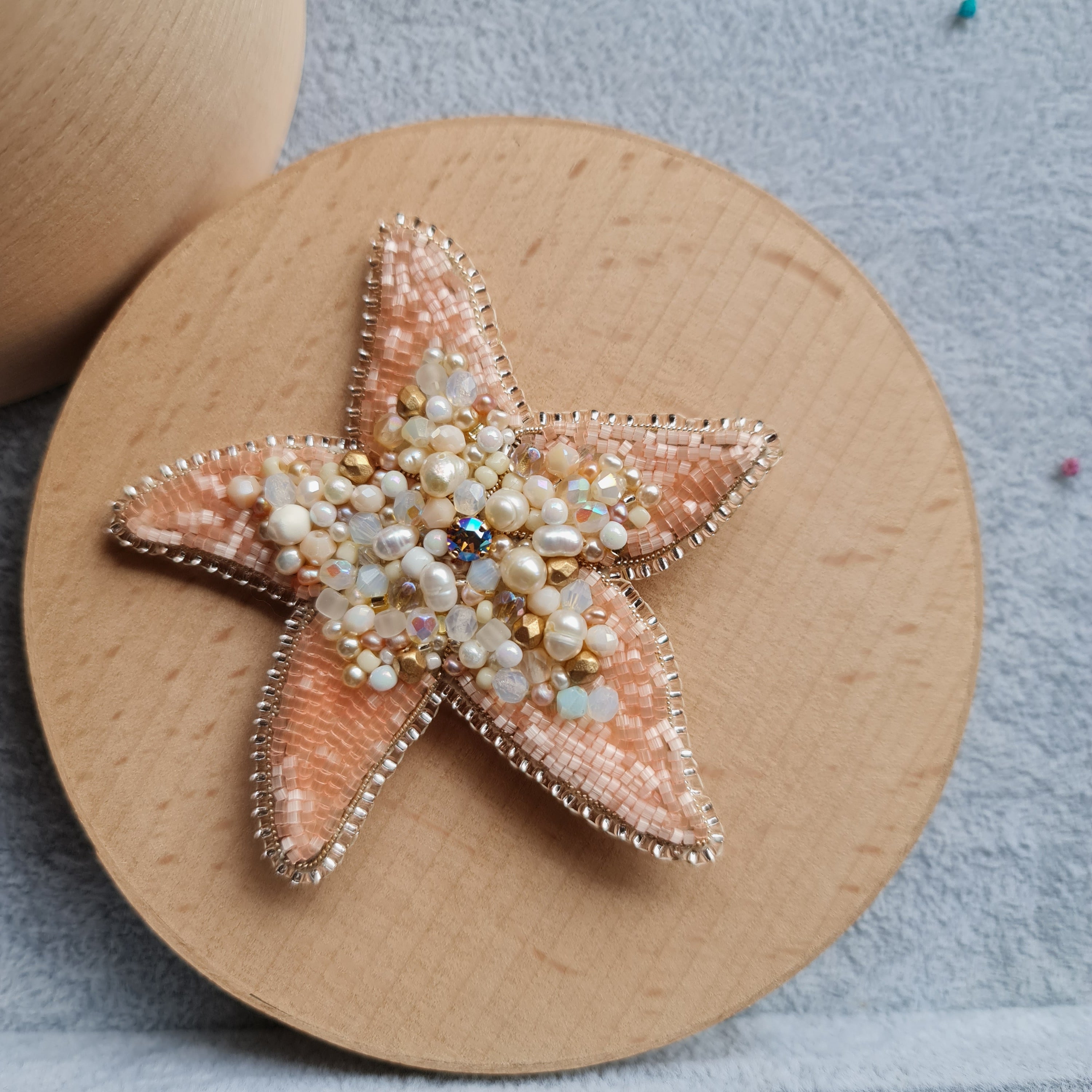 Peach starfish beaded brooch hand embroidered with pearls crystals and delicate bead details