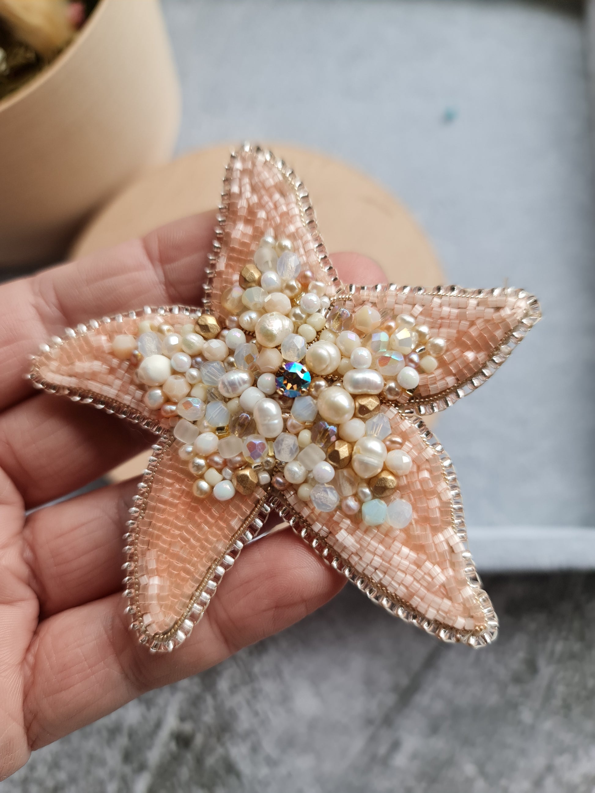Peach Starfish Beaded Brooch