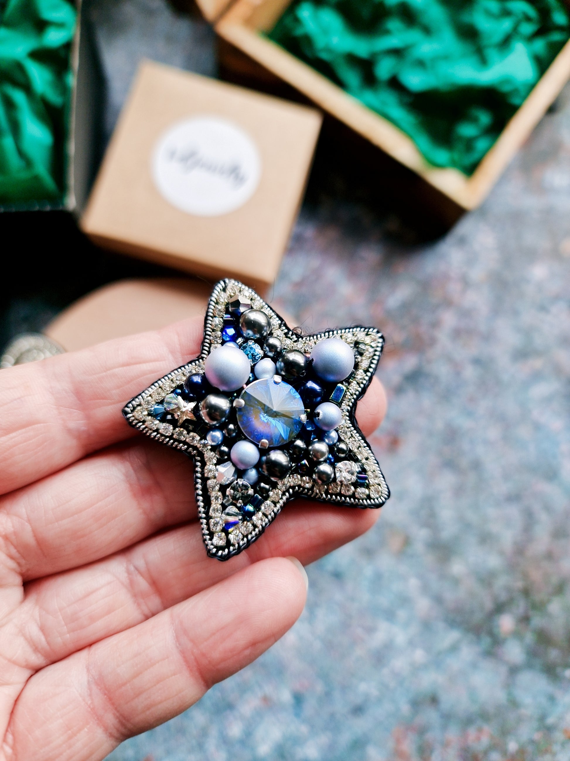 Blue Star Beaded Brooch