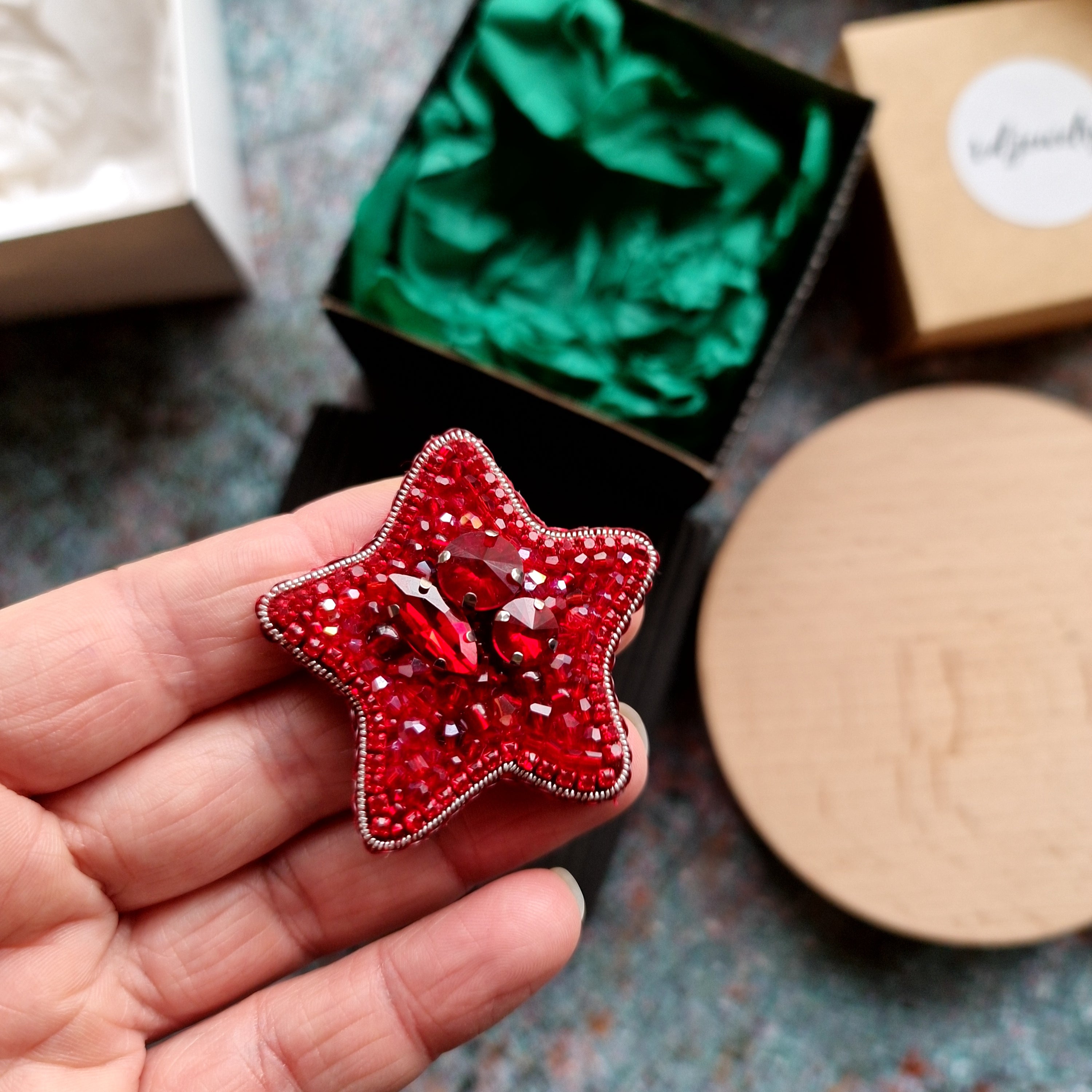 Red star beaded brooch hand embroidered with crystals beads and silver details
