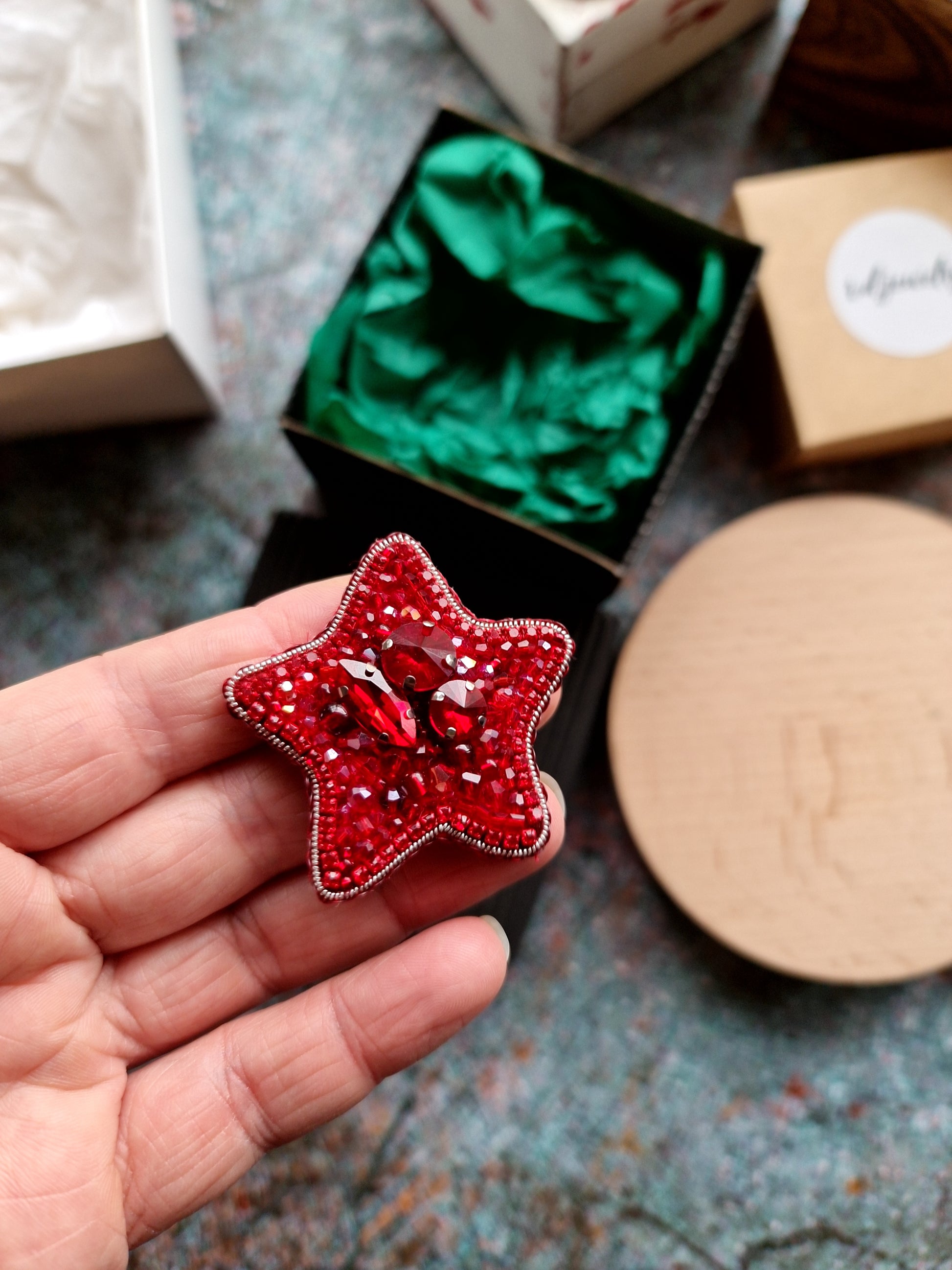 Red star beaded brooch hand embroidered with crystals beads and silver details