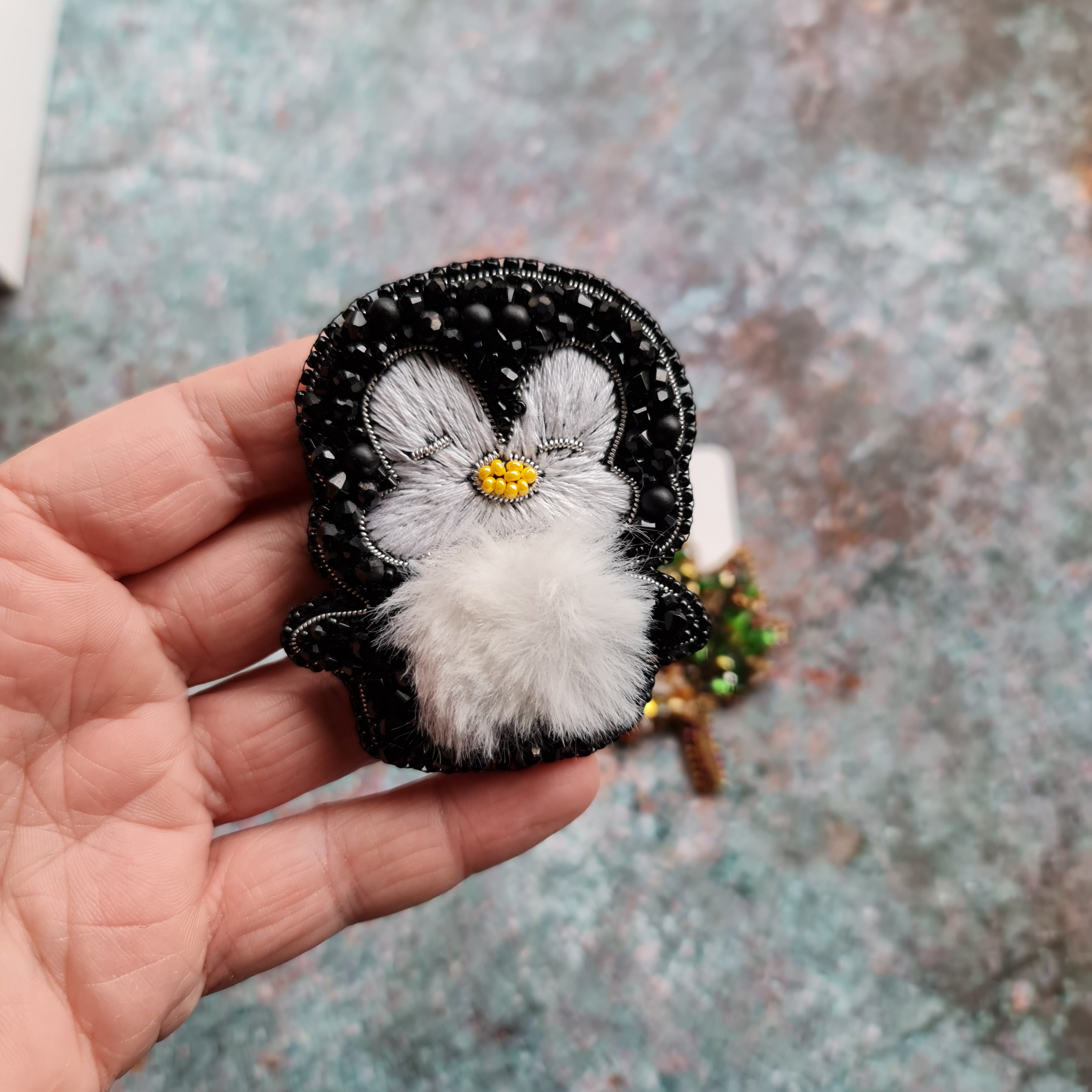 Penguin beaded brooch hand embroidered with black beads white fluffy belly and yellow bead details