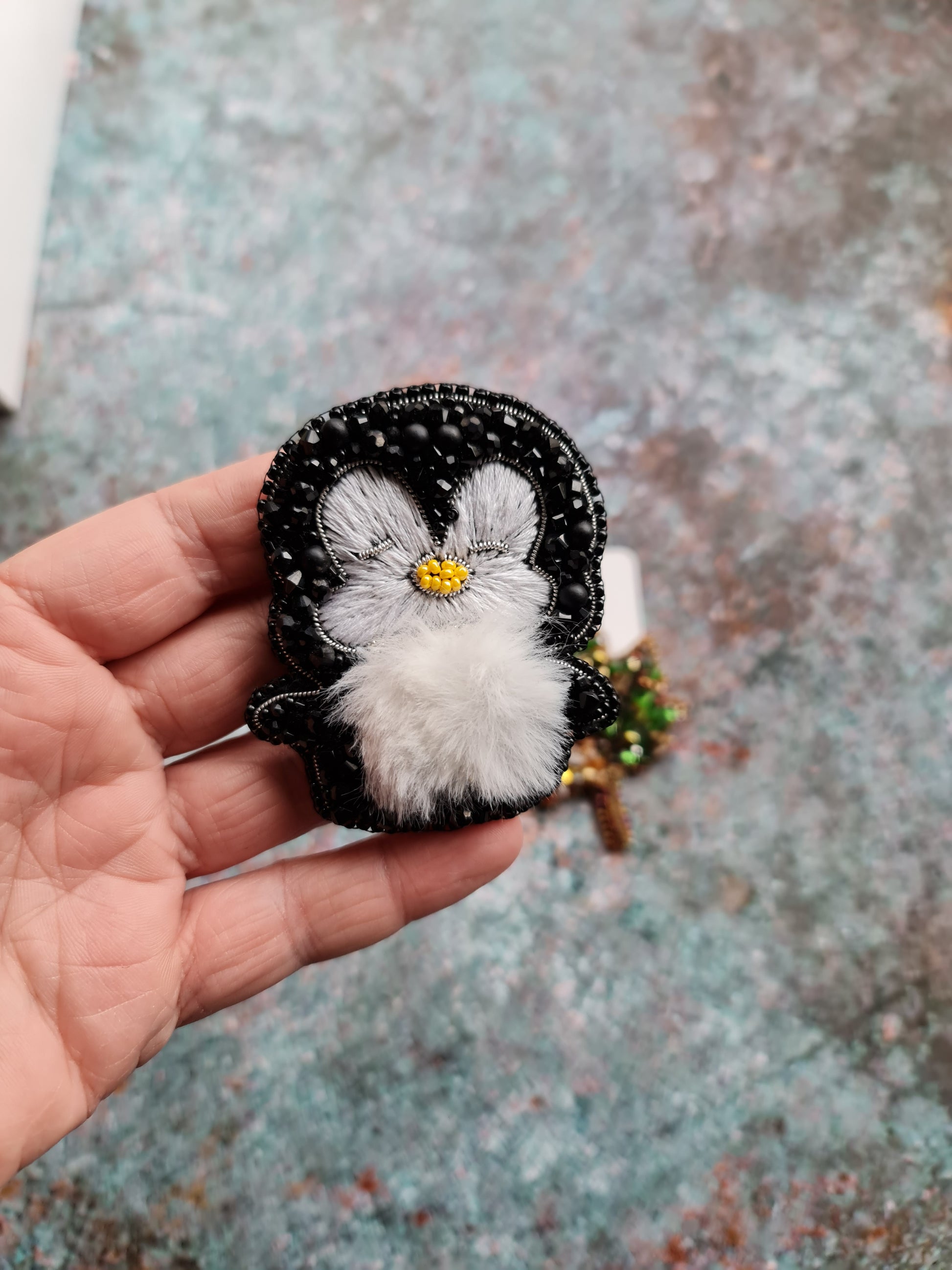 Penguin beaded brooch hand embroidered with black beads white fluffy belly and yellow bead details