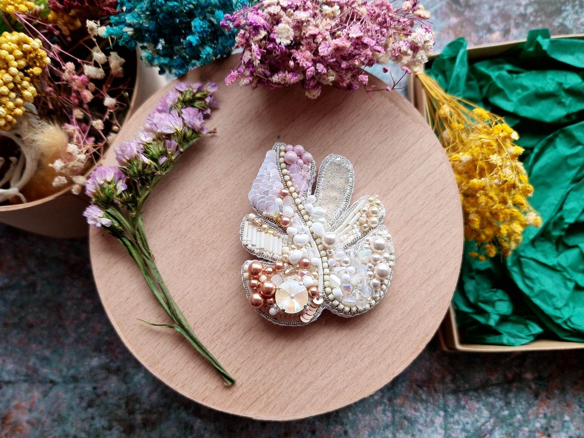 Monstera leaf beaded brooch or keychain hand embroidered with ivory blush pearls crystals and bead details