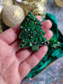 Hand embroidered green Christmas tree brooch decorated with beads and crystals, handmade festive holiday pin, 6 x 5 cm Christmas accessory.