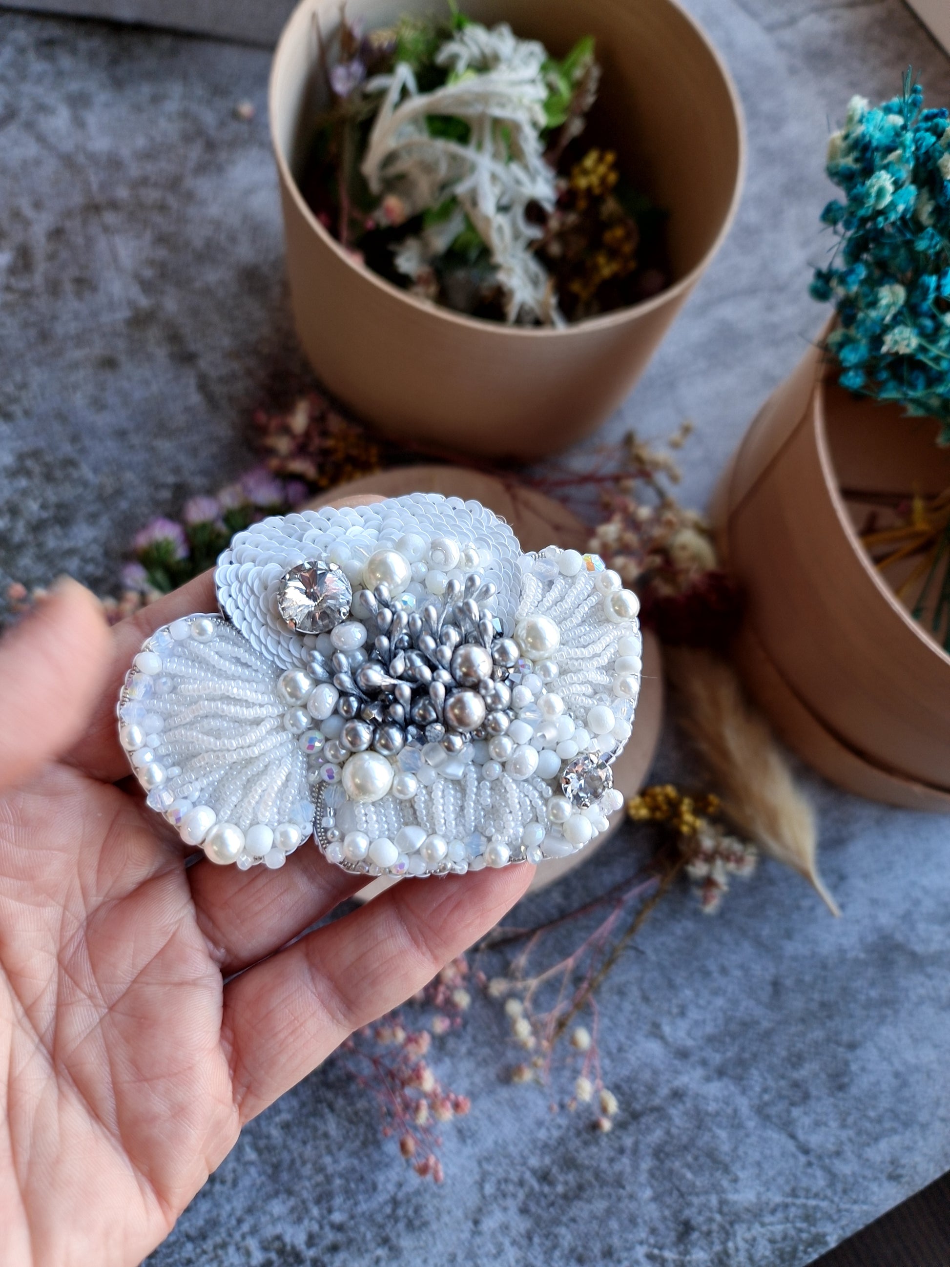 Poppy Flower Beaded Brooch