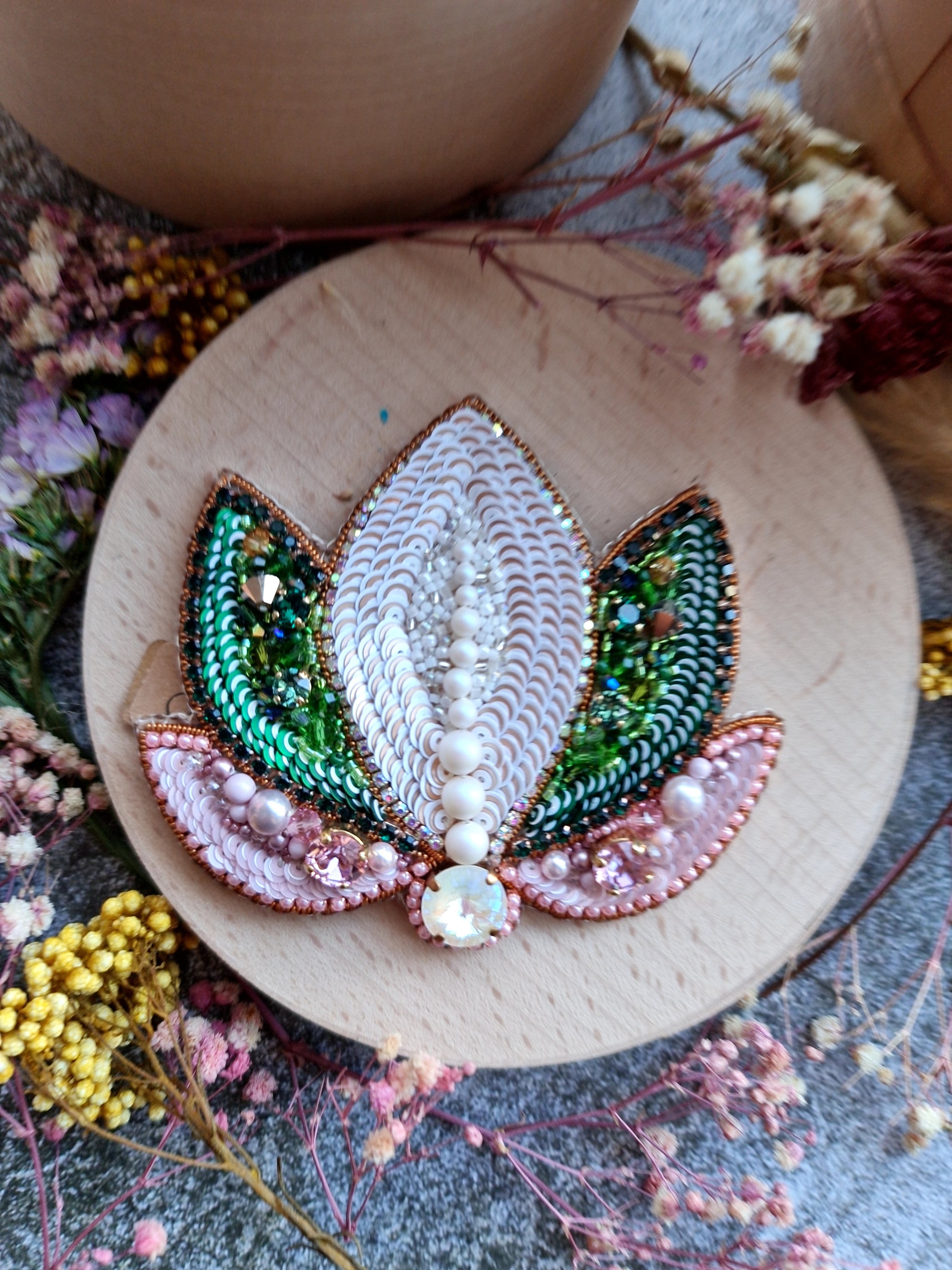 Lotus Flower Beaded Brooch