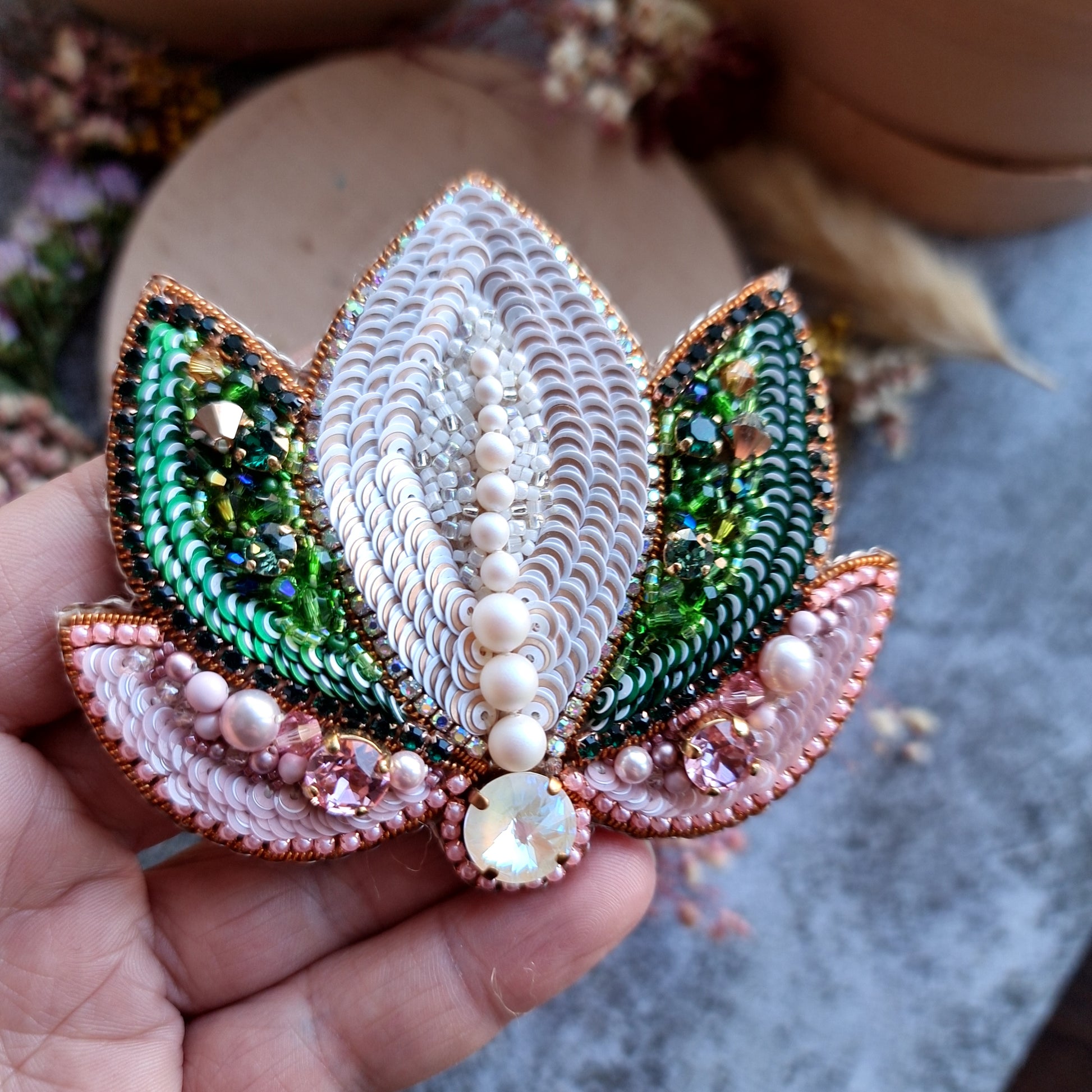 Lotus Flower Beaded Brooch