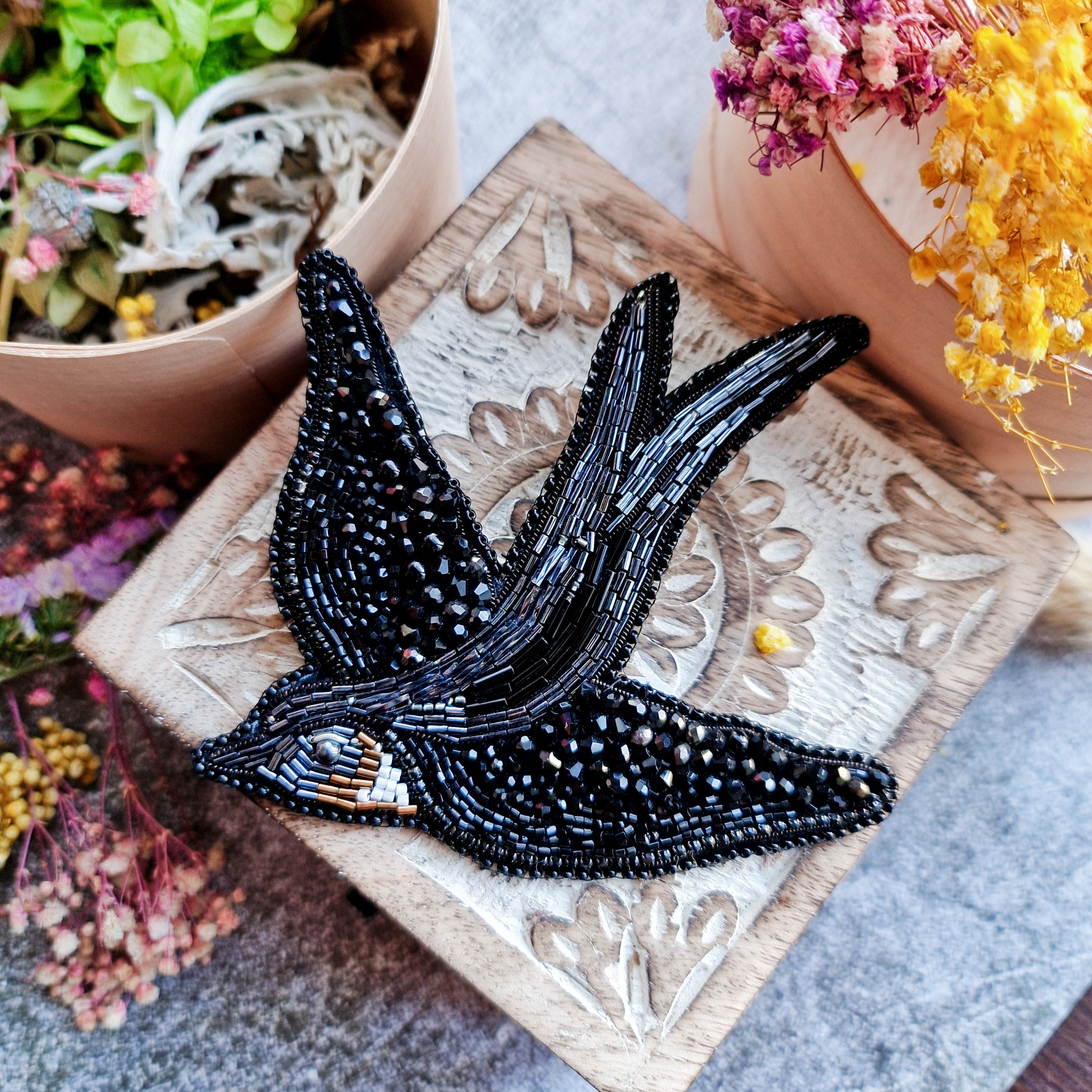 Black Swallow Beaded Brooch