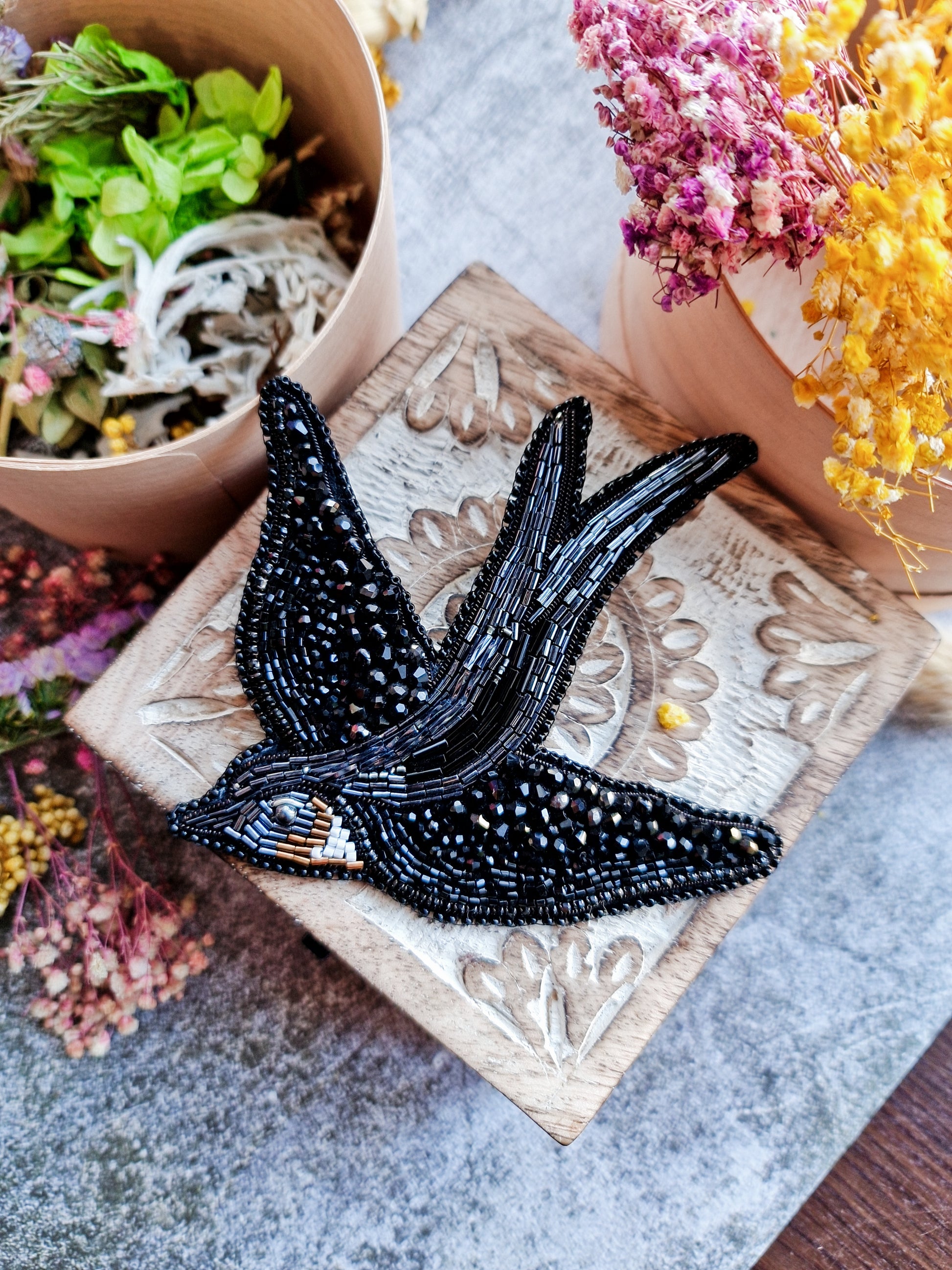 Black Swallow Beaded Brooch