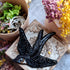 Black swallow bird beaded brooch hand embroidered with black beads crystals and bronze white details