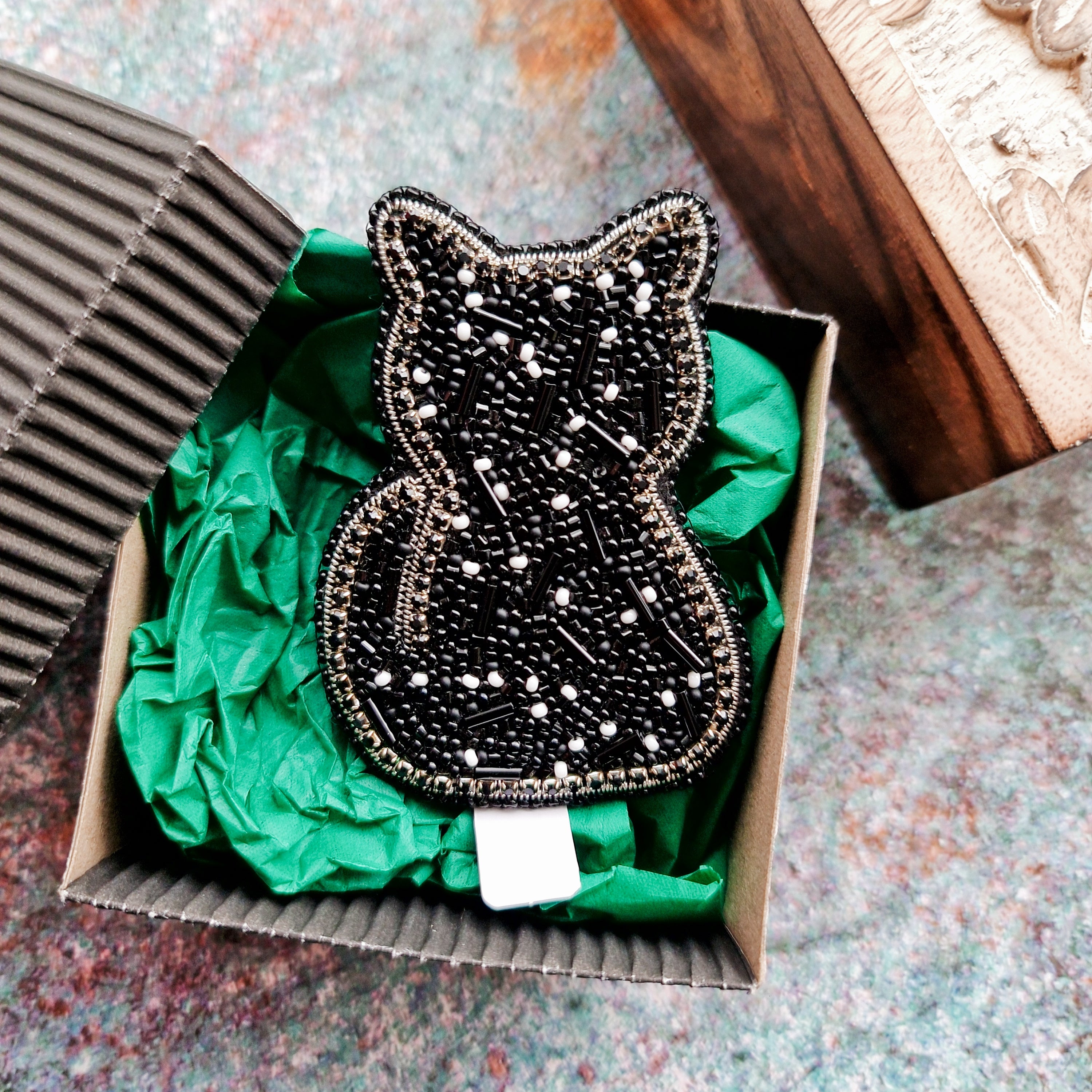 Cat beaded brooches hand embroidered in black and gold colors with beads crystals and metallic details