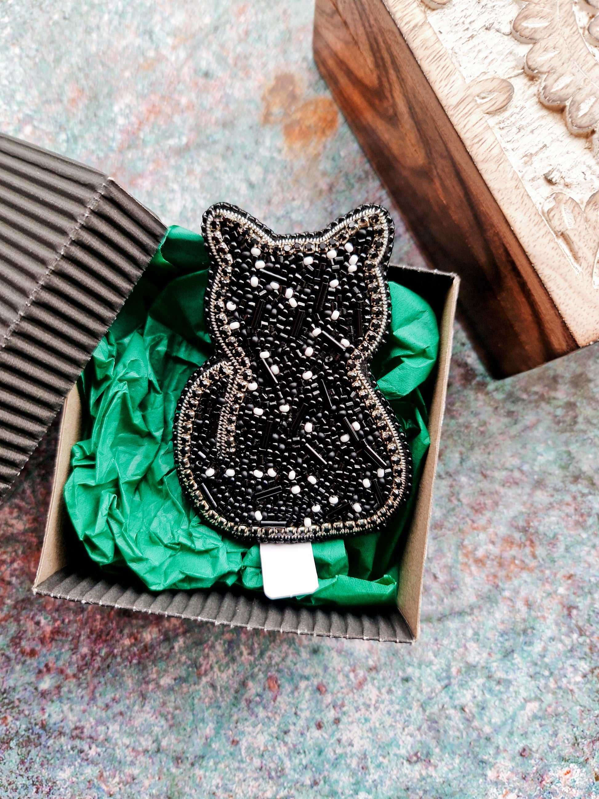 Cat beaded brooches hand embroidered in black and gold colors with beads crystals and metallic details