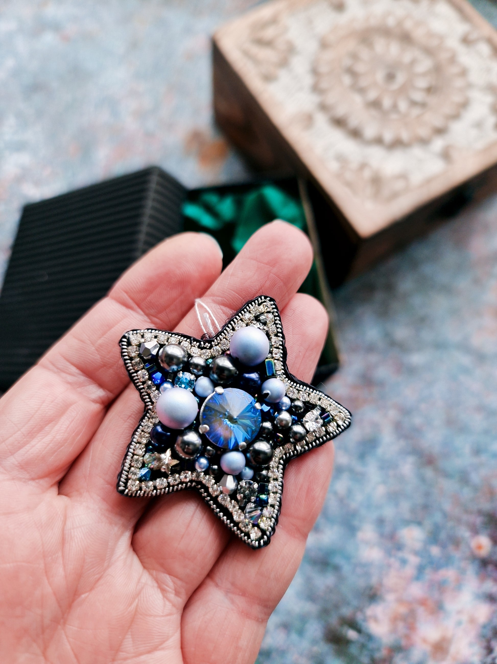Blue star beaded brooch hand embroidered with crystals pearls and silver details