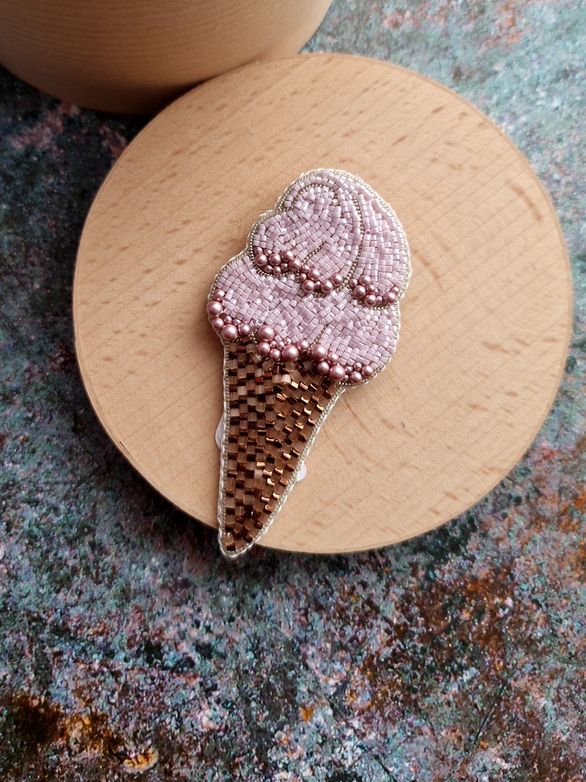 Pink Ice Cream Cone Beaded Brooch