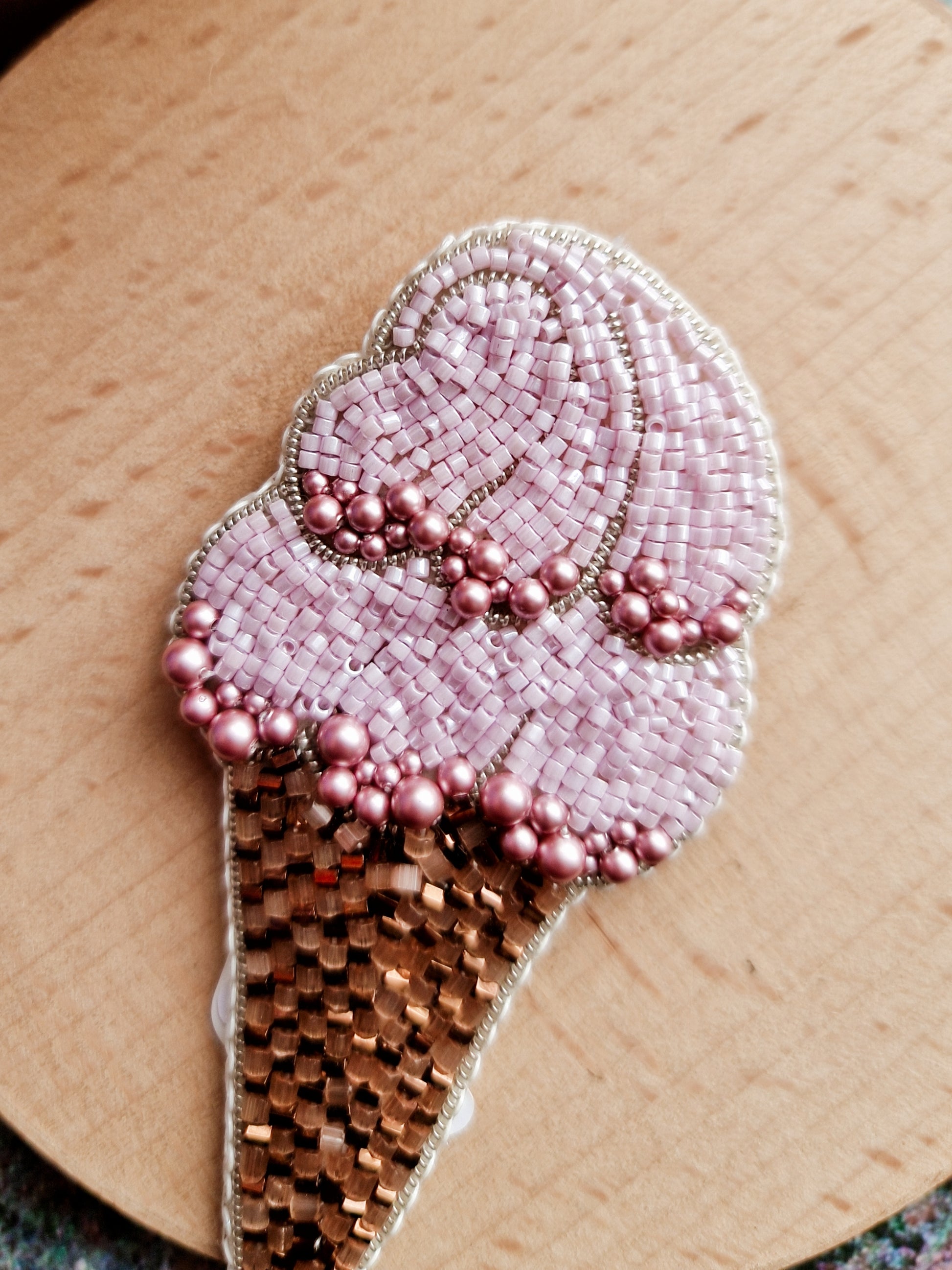 Pink Ice Cream Cone Beaded Brooch