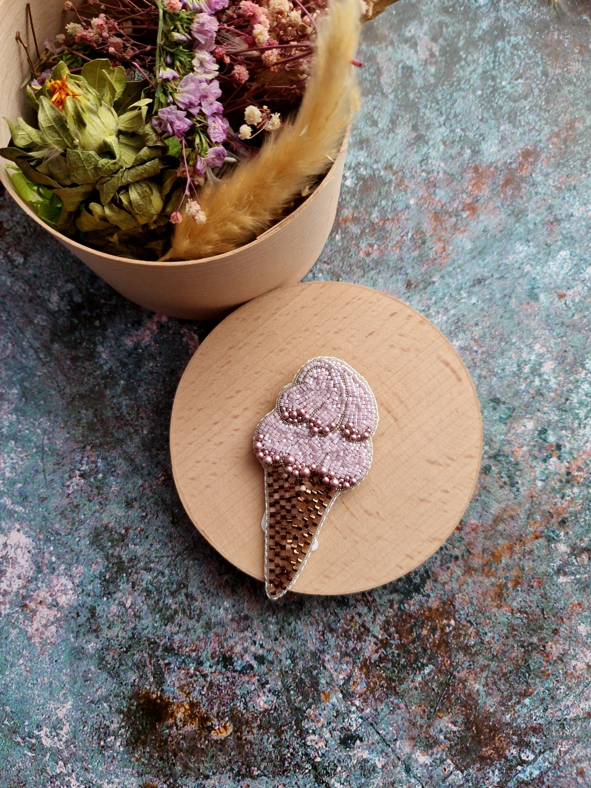 Pink Ice Cream Cone Beaded Brooch