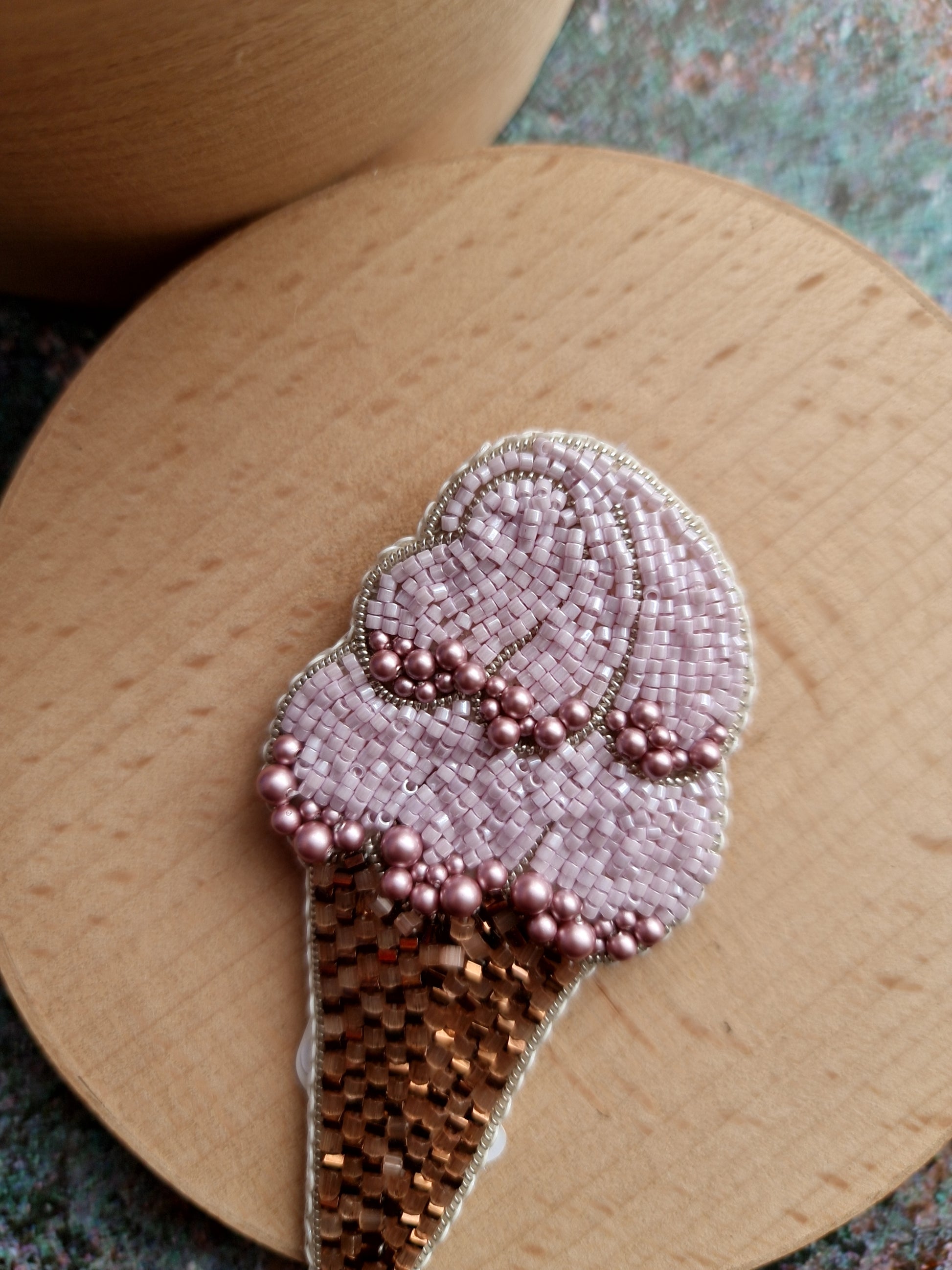 Pink Ice Cream Cone Beaded Brooch