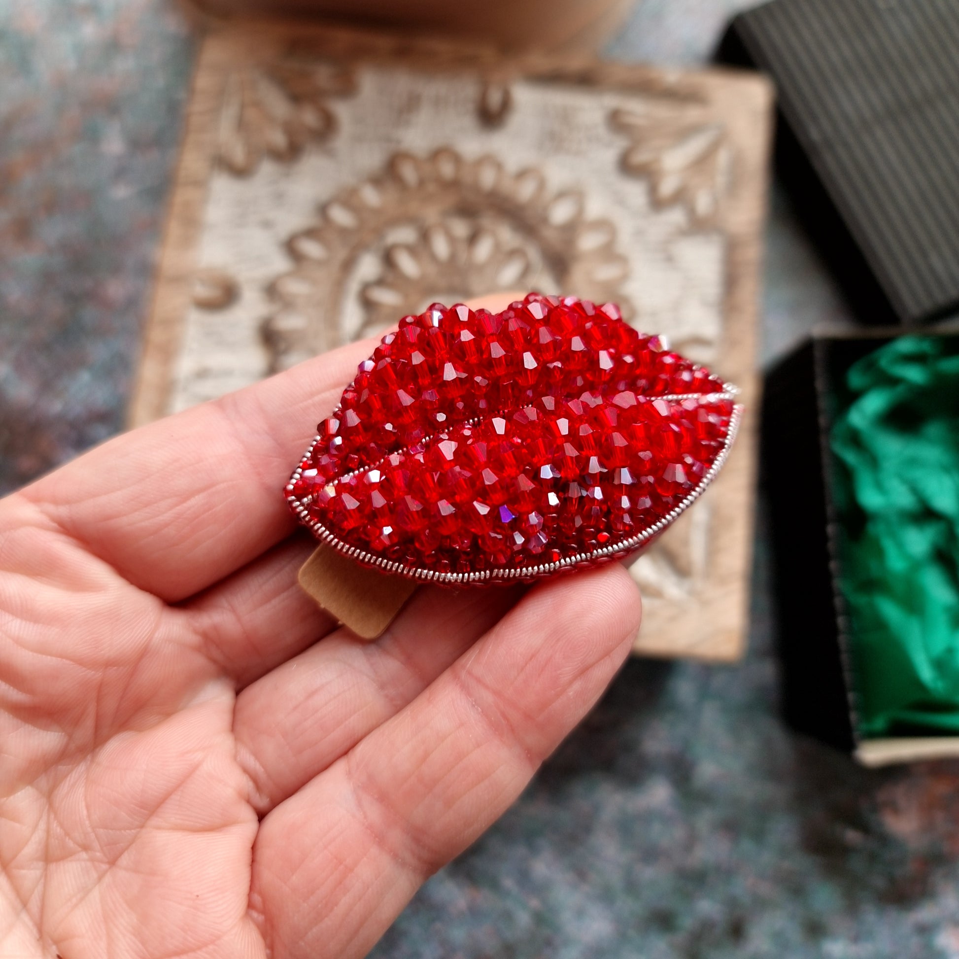 Red Lips Beaded Brooch