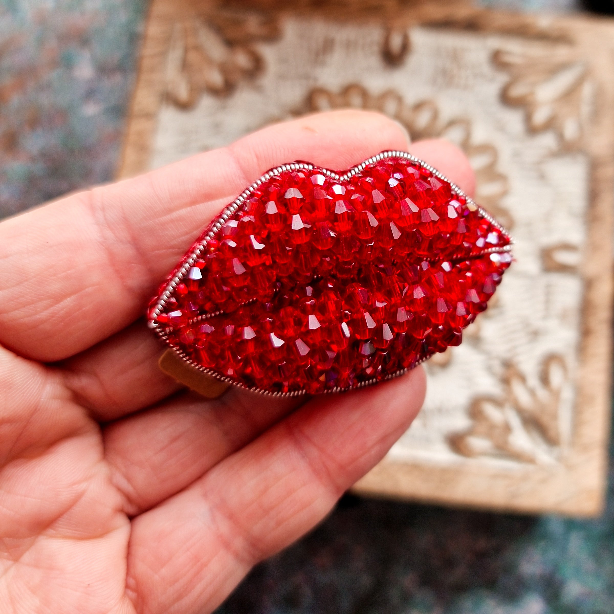 Red lips beaded brooch hand embroidered with crystals sequins and bead details