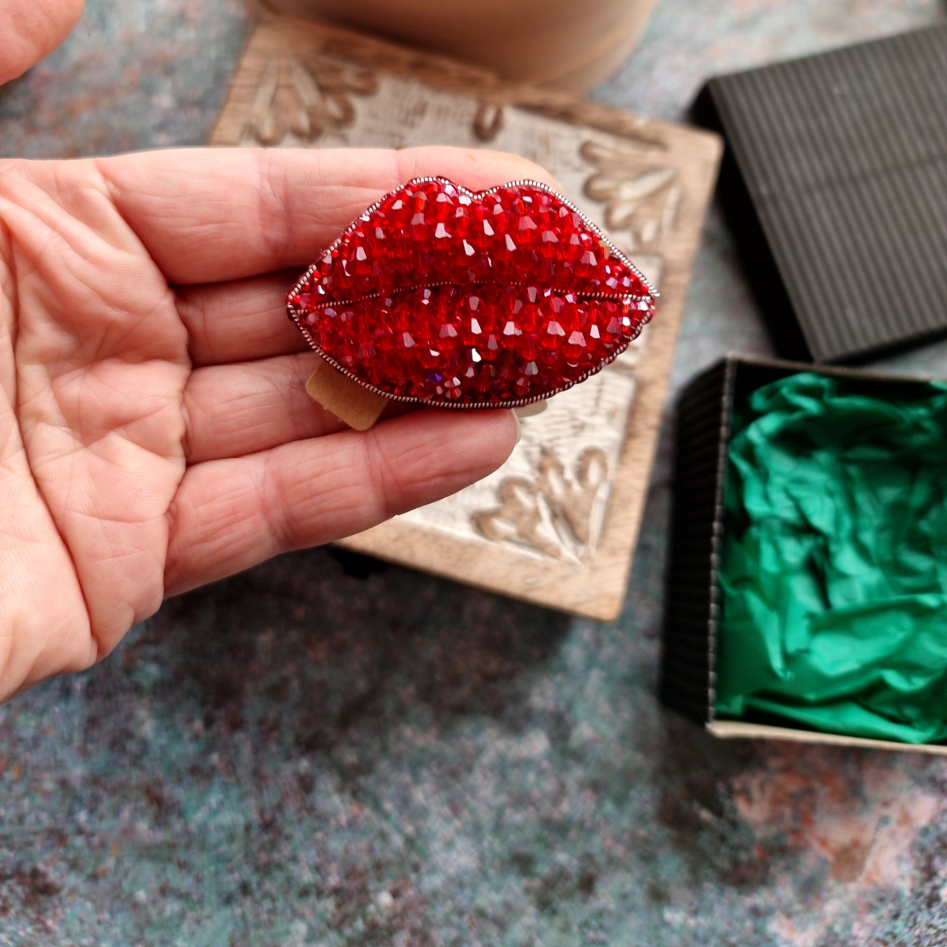 Red Lips Beaded Brooch
