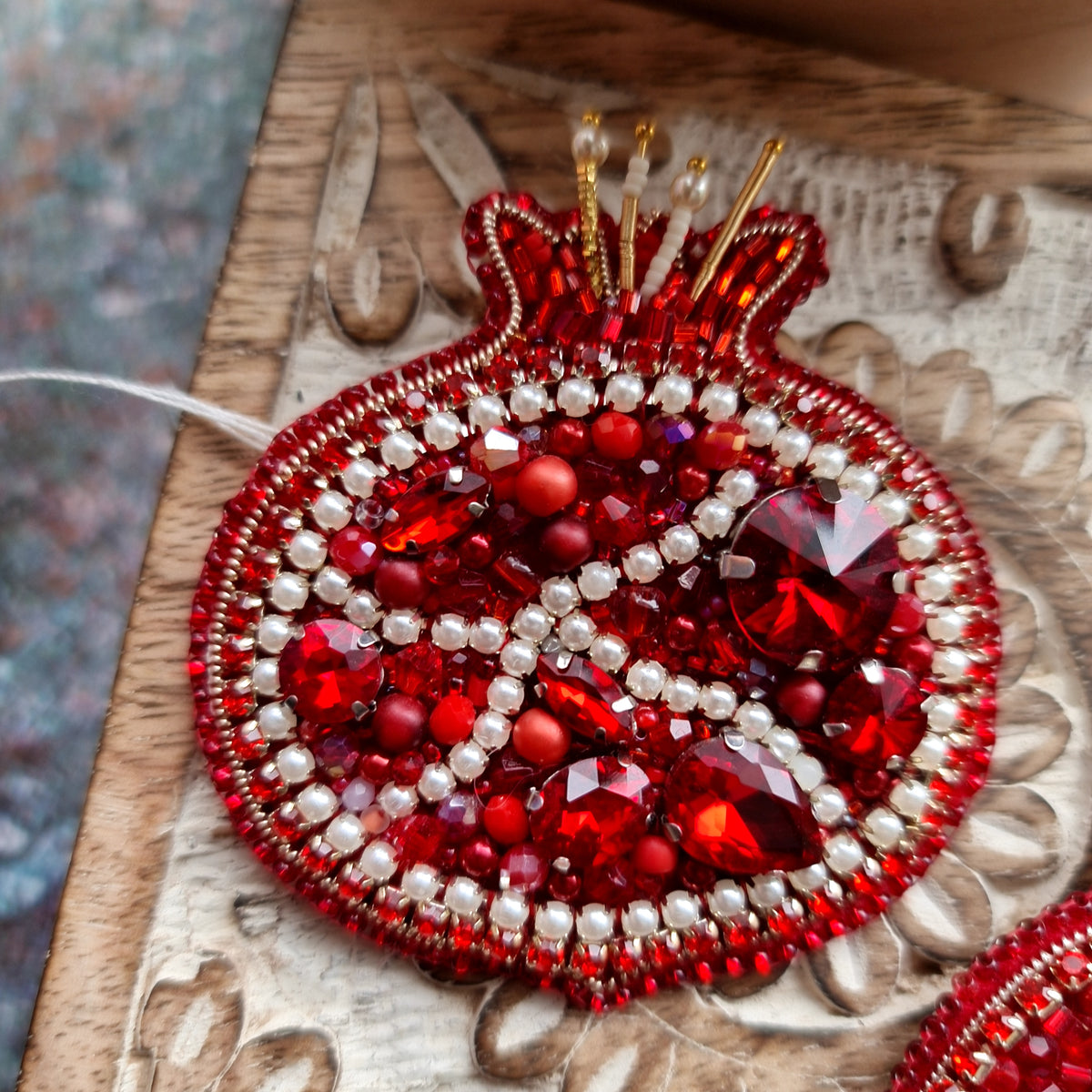Large Pomegranate Beaded Brooch, Hand Embroidered Fruit Pin, Statement Jewelry