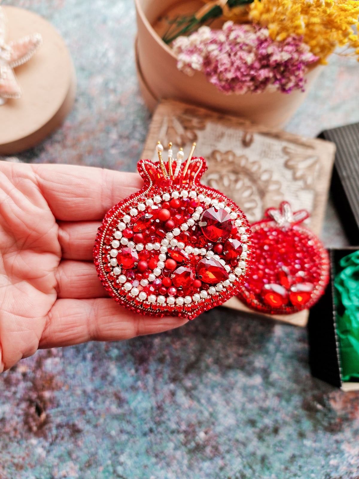 Large Pomegranate Beaded Brooch, Hand Embroidered Fruit Pin, Statement Jewelry