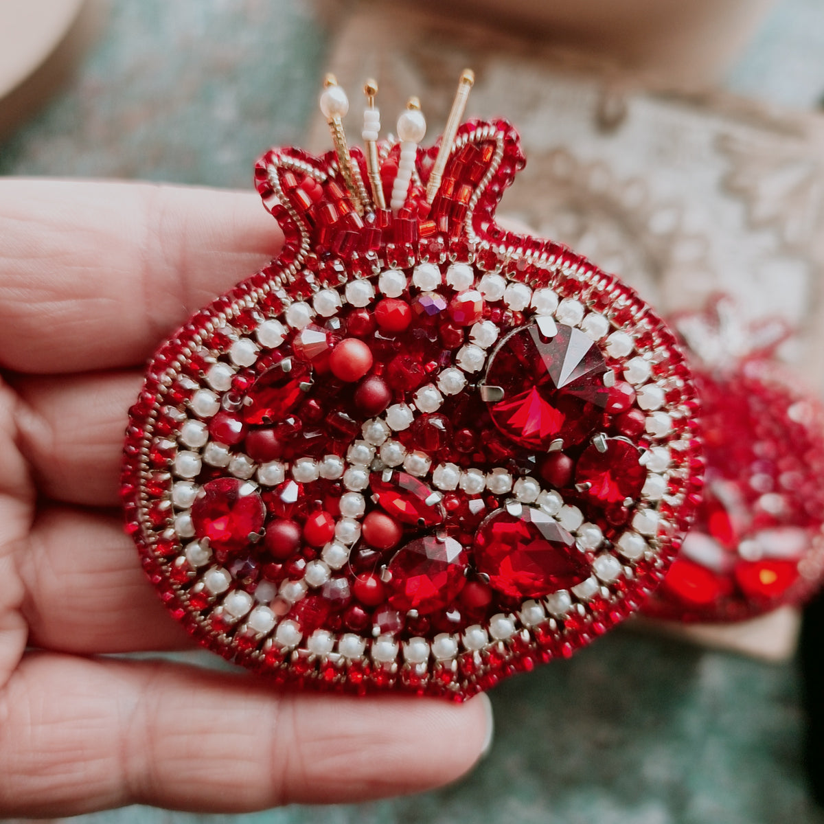Large Pomegranate Beaded Brooch, Hand Embroidered Fruit Pin, Statement Jewelry