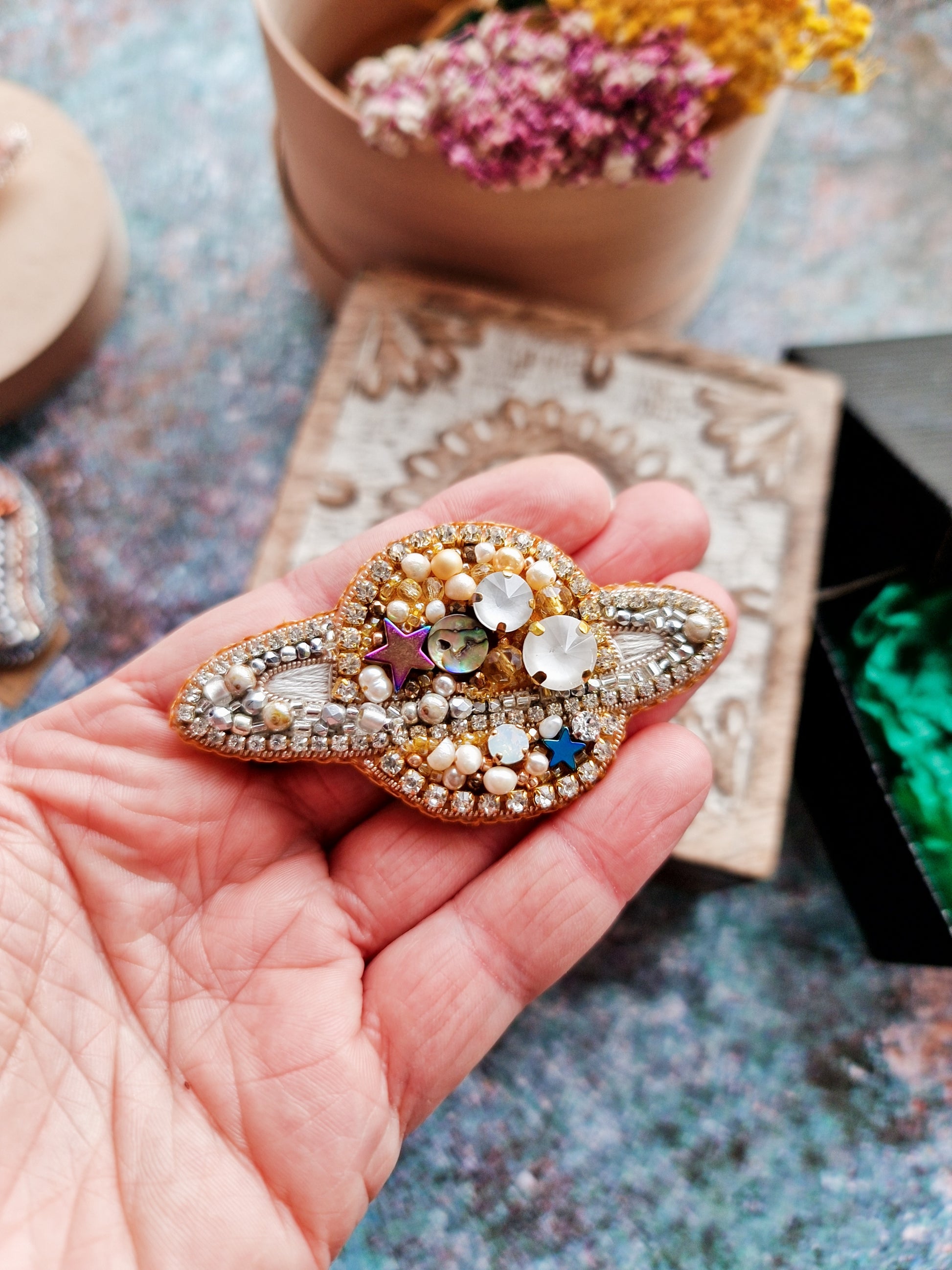 Saturn Planet Beaded Brooch