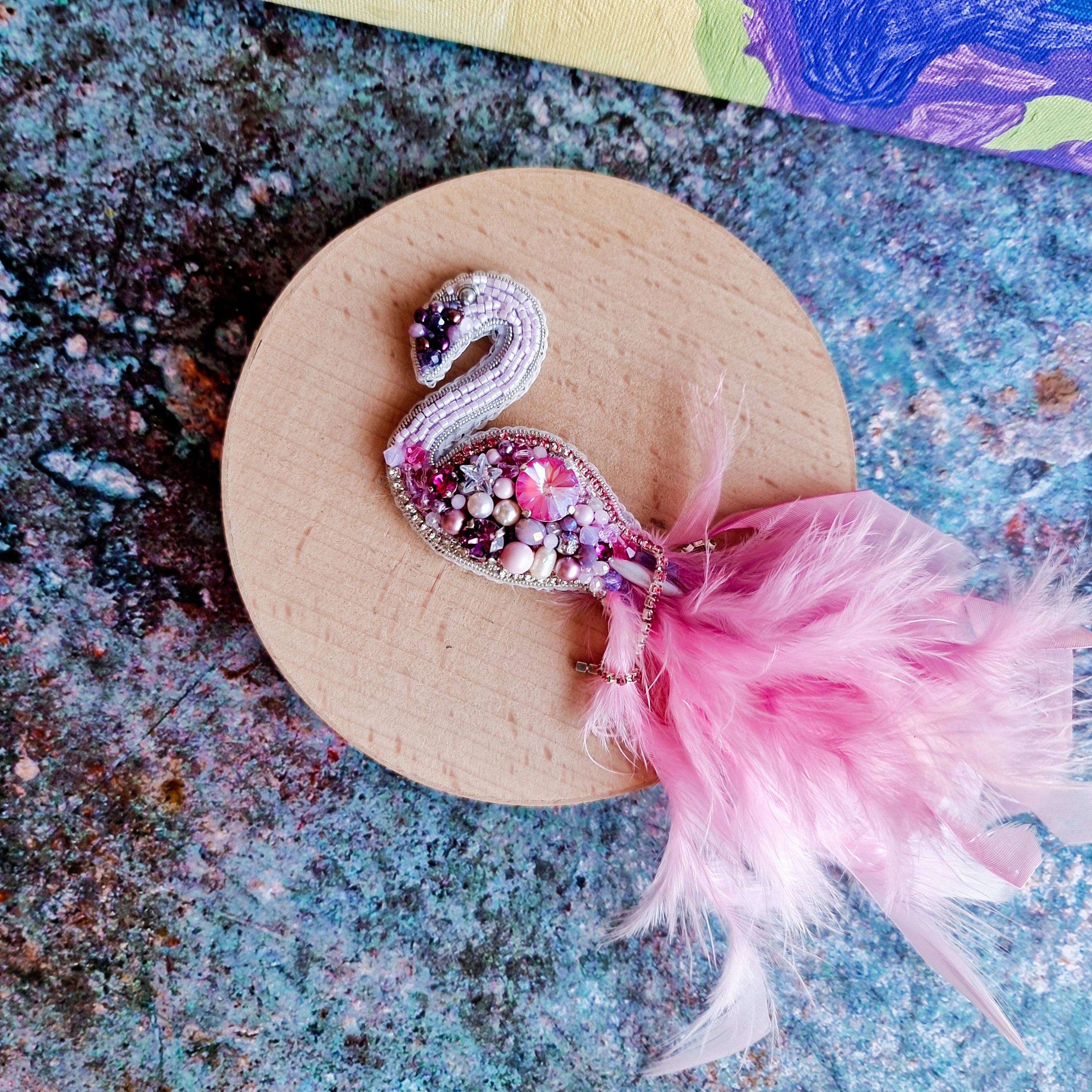 Pink flamingo beaded brooch hand embroidered with pink crystals, beads, soft feathers, and sparkling bird details