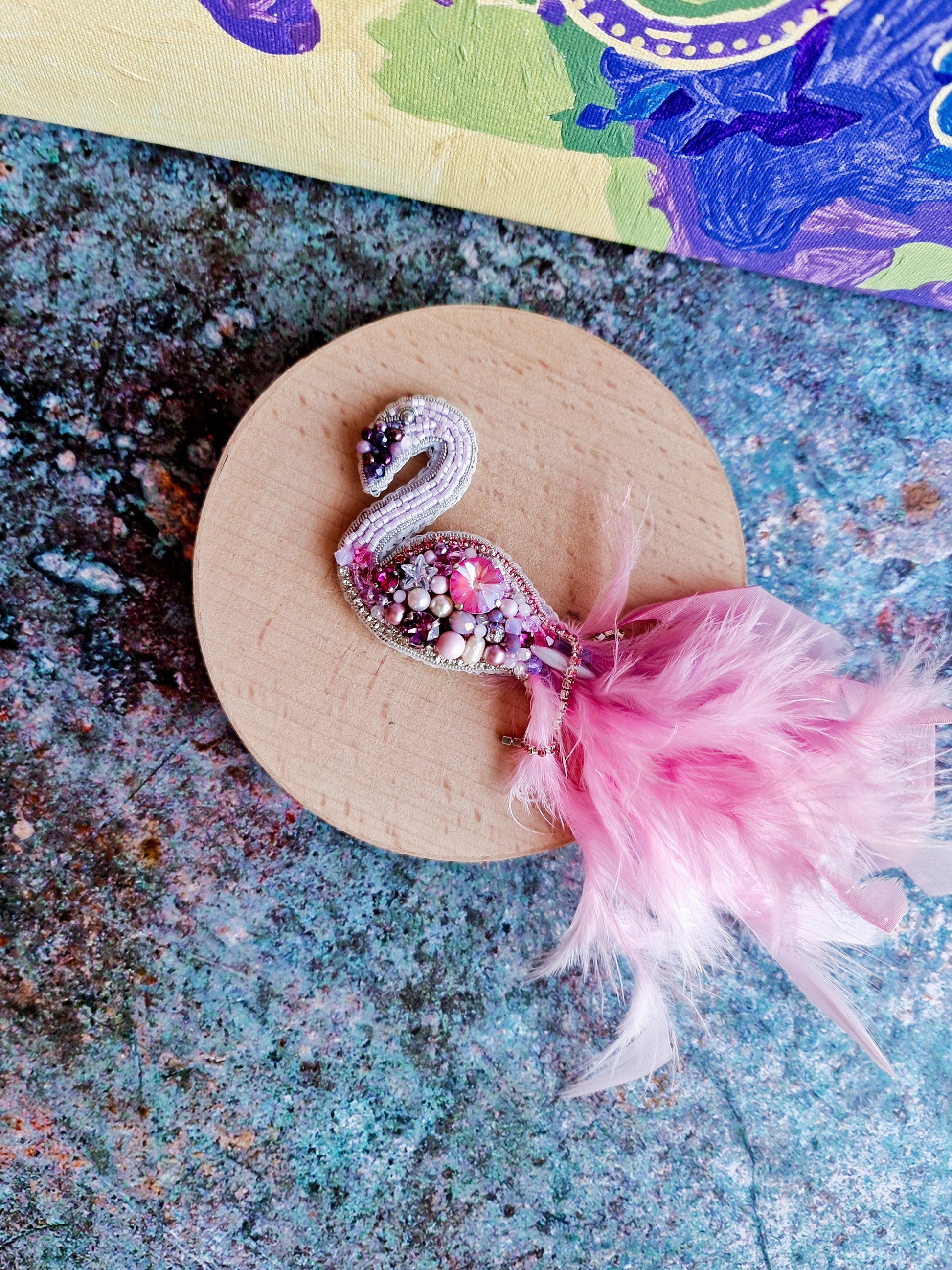 Pink flamingo beaded brooch hand embroidered with pink crystals, beads, soft feathers, and sparkling bird details