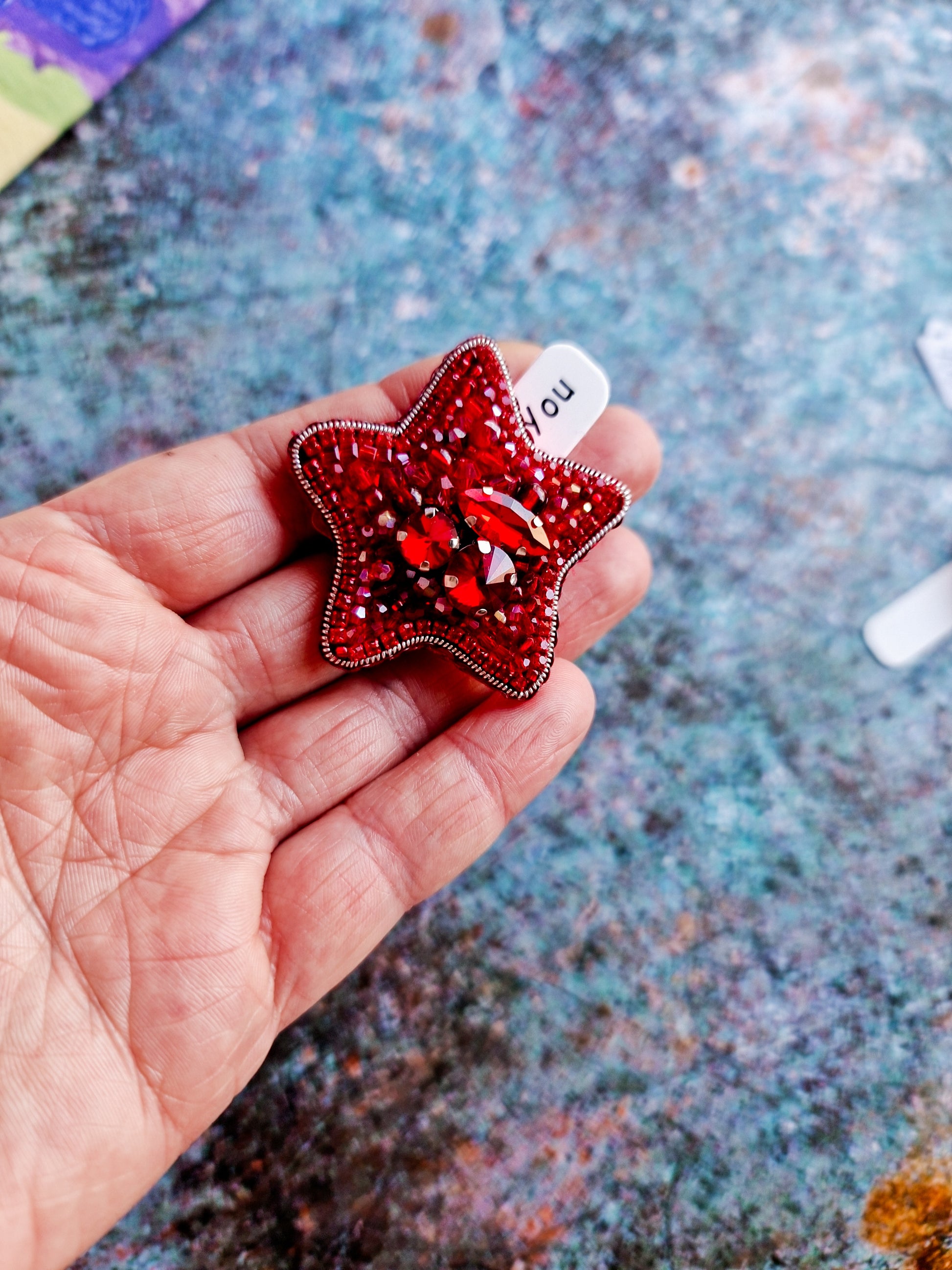 Red Star Beaded Brooch