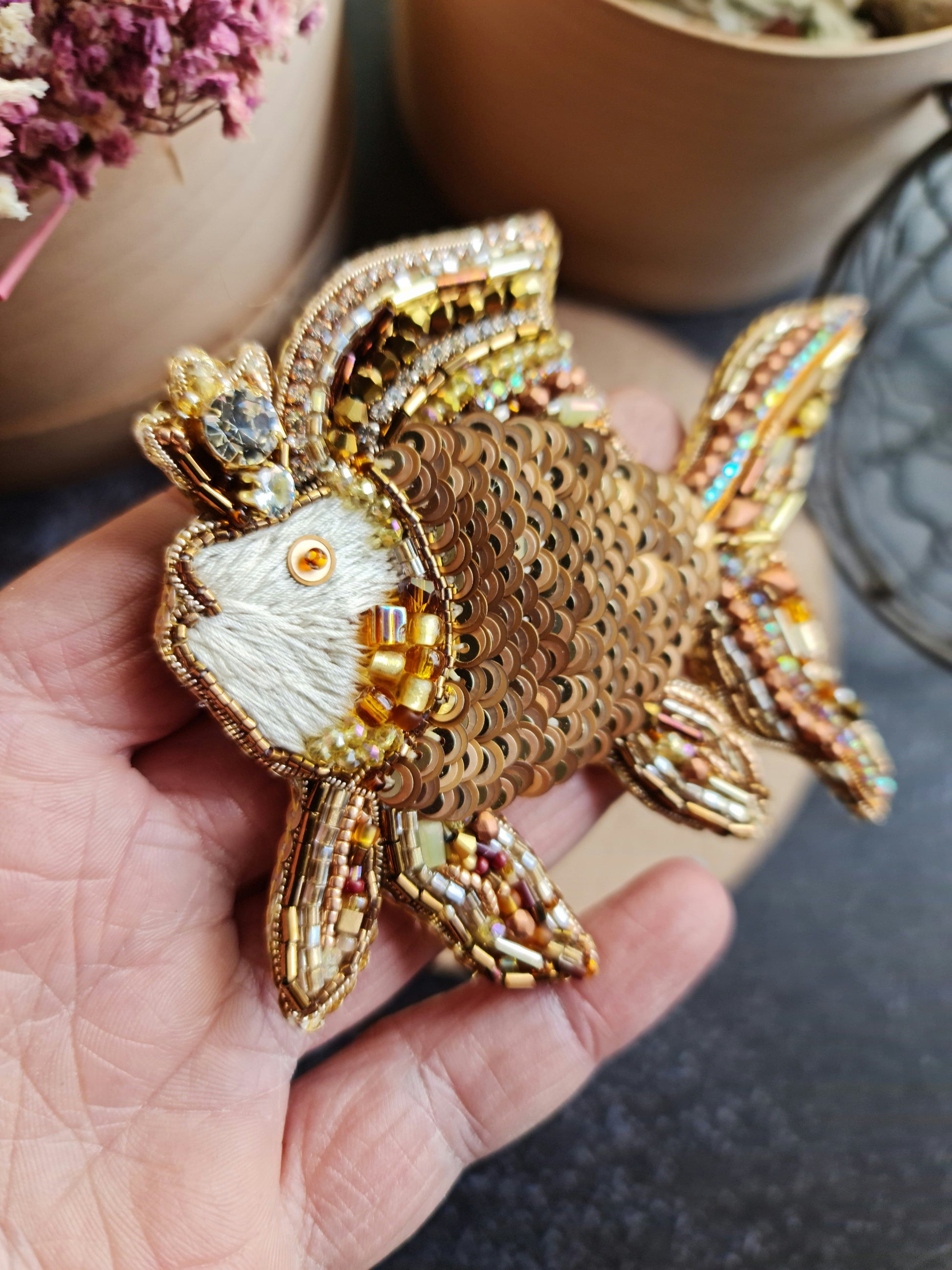 Gold Fish Beaded Brooch