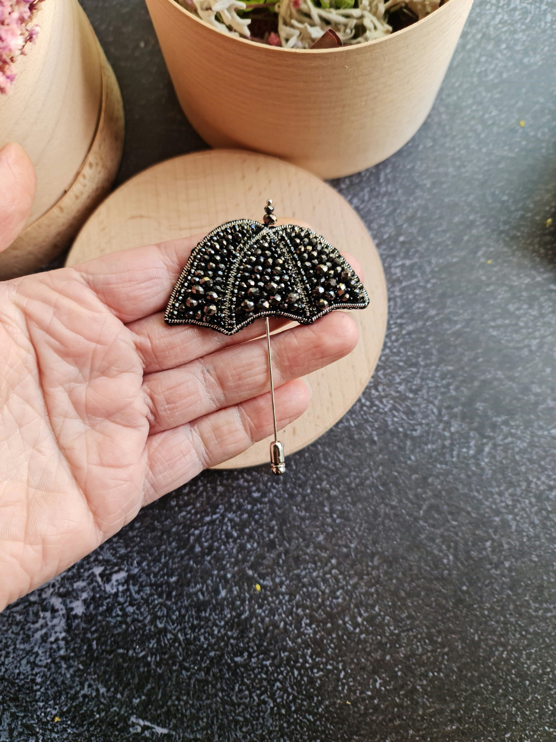 Black Umbrella Beaded Brooch