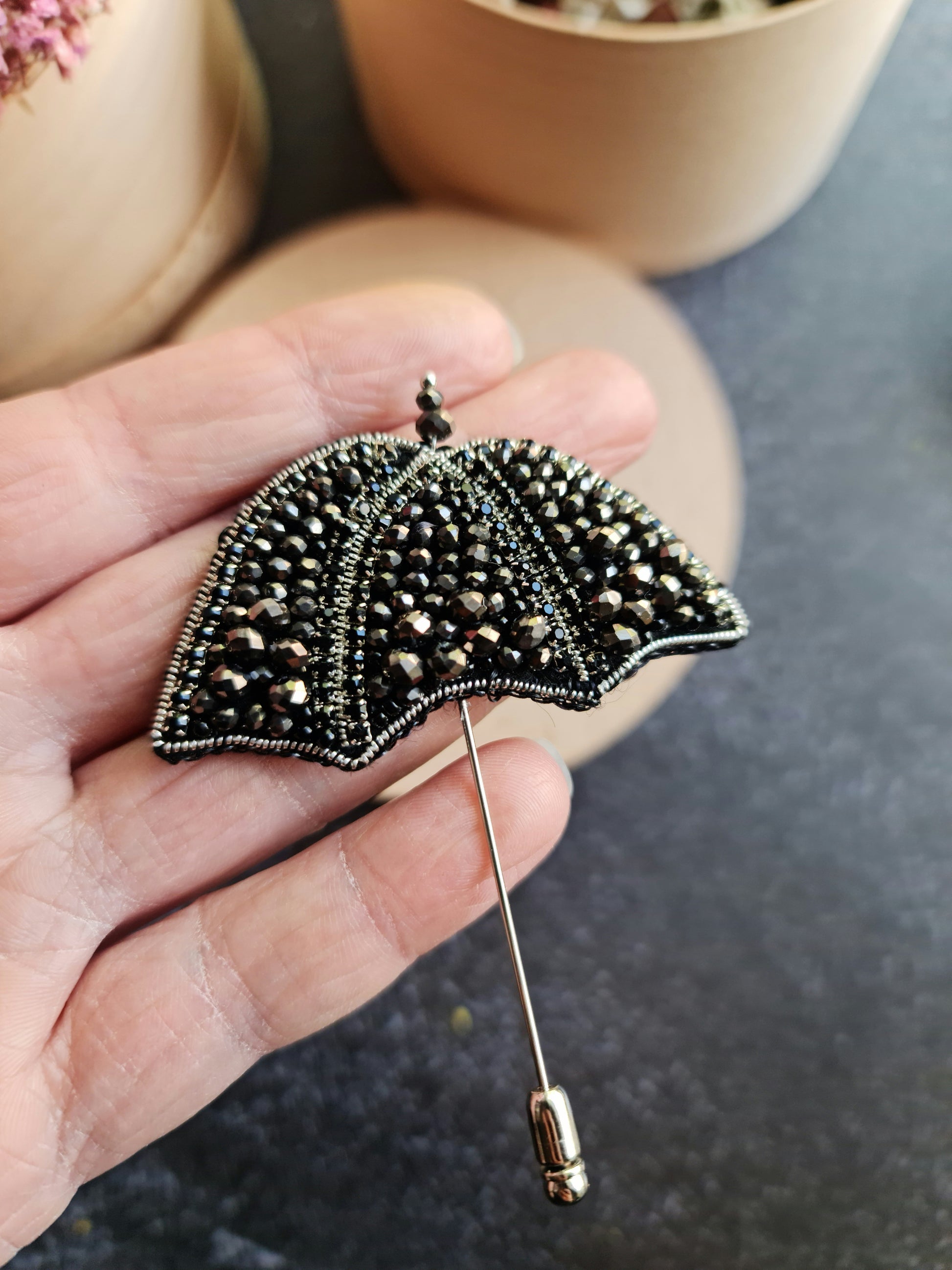 Black Umbrella Beaded Brooch