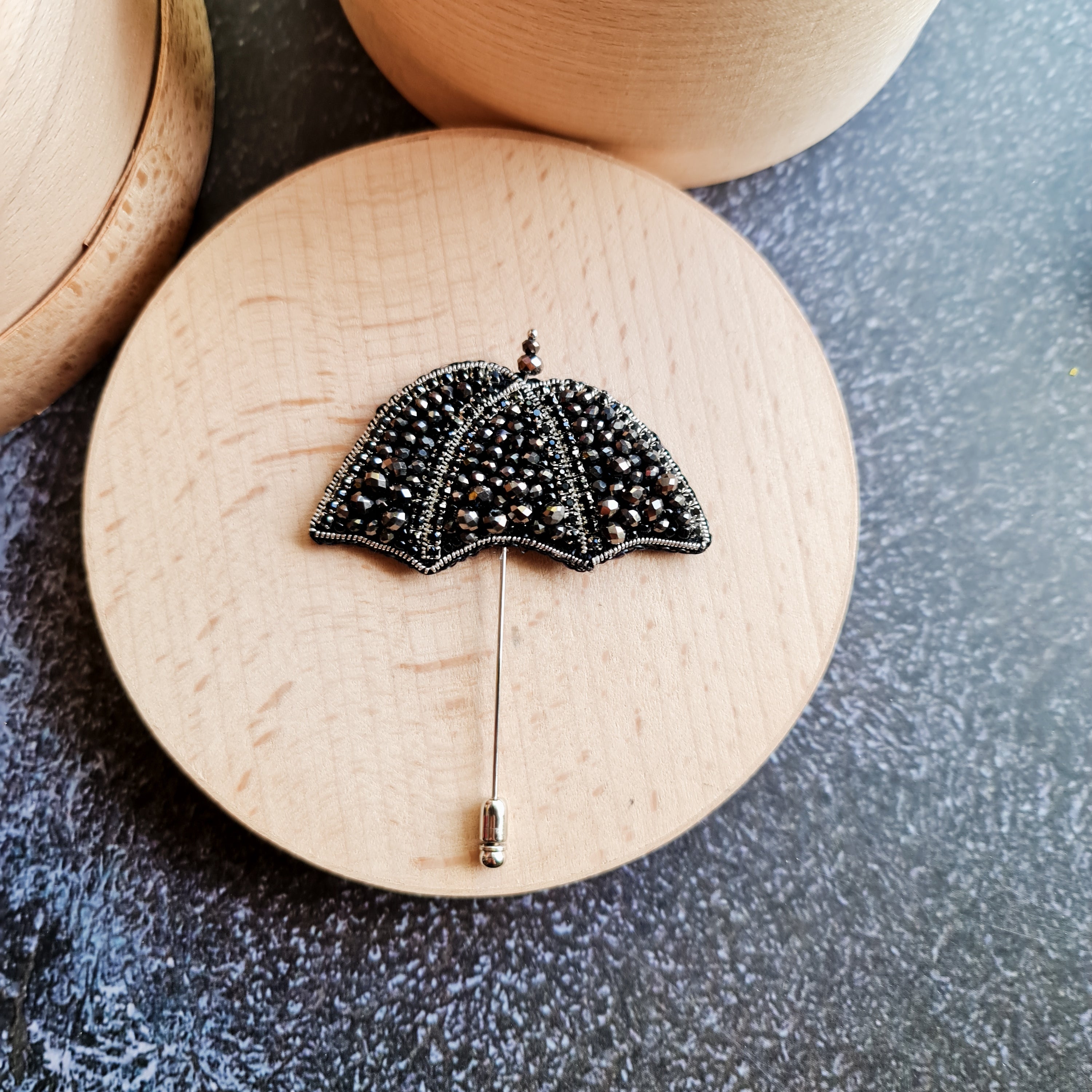 Black umbrella beaded brooch hand embroidered with black crystals beads and silver pin detail