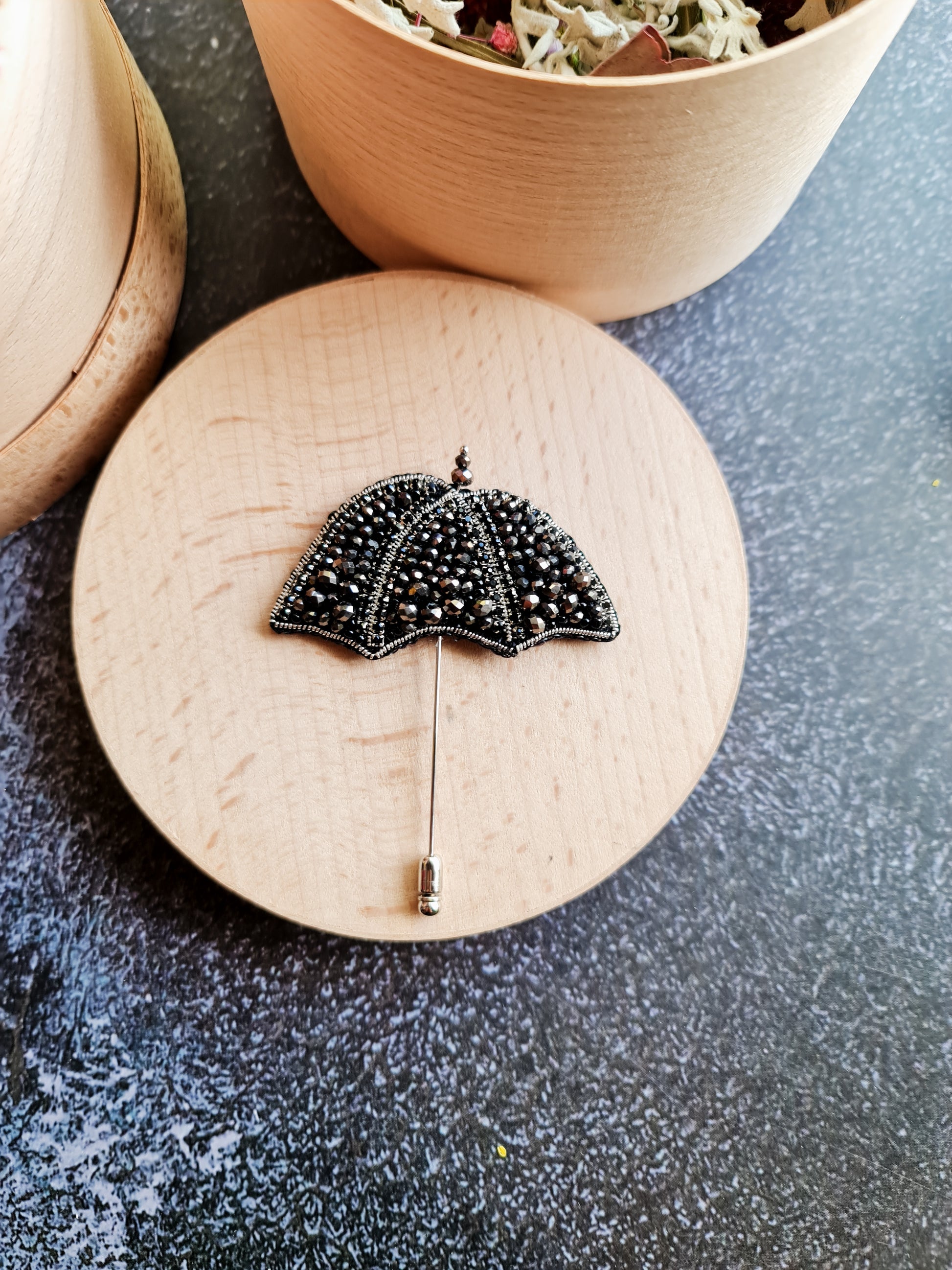 Black umbrella beaded brooch hand embroidered with black crystals beads and silver pin detail