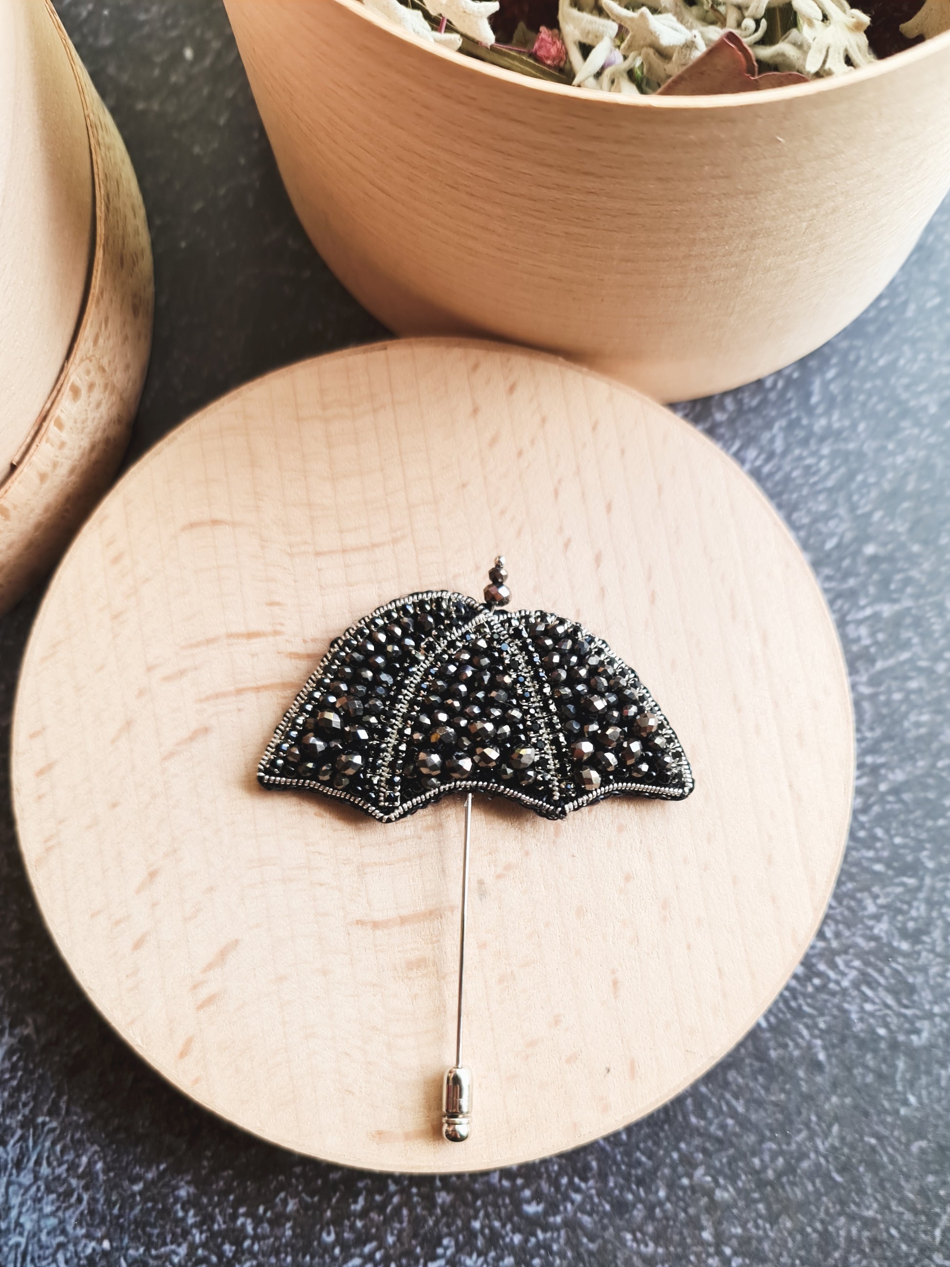 Black Umbrella Beaded Brooch