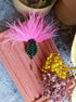 Handmade Feather Thistle statement brooch with beaded base and soft feathers, available in beige brown and bright pink color option