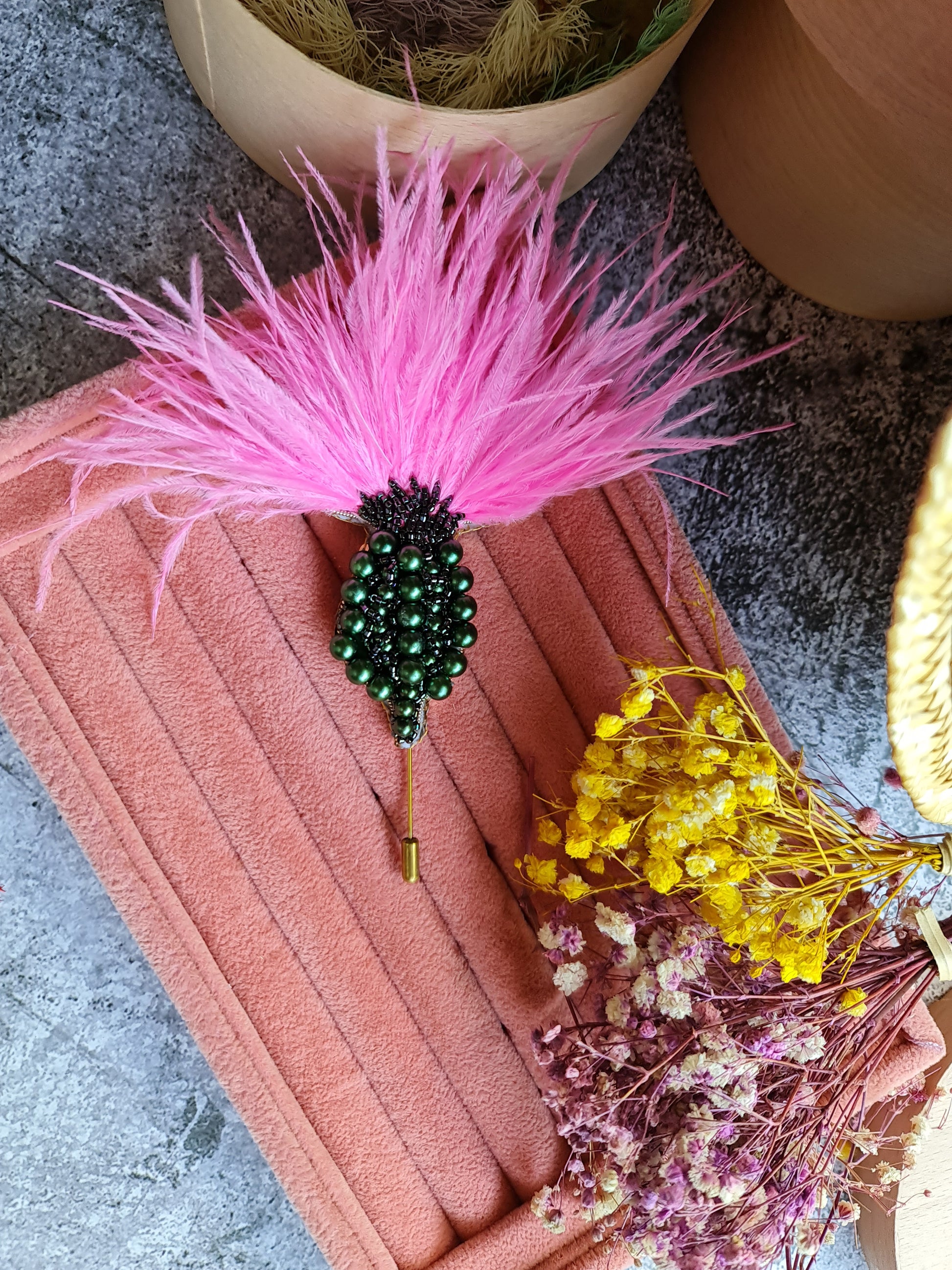 Handmade Feather Thistle statement brooch with beaded base and soft feathers, available in beige brown and bright pink color option