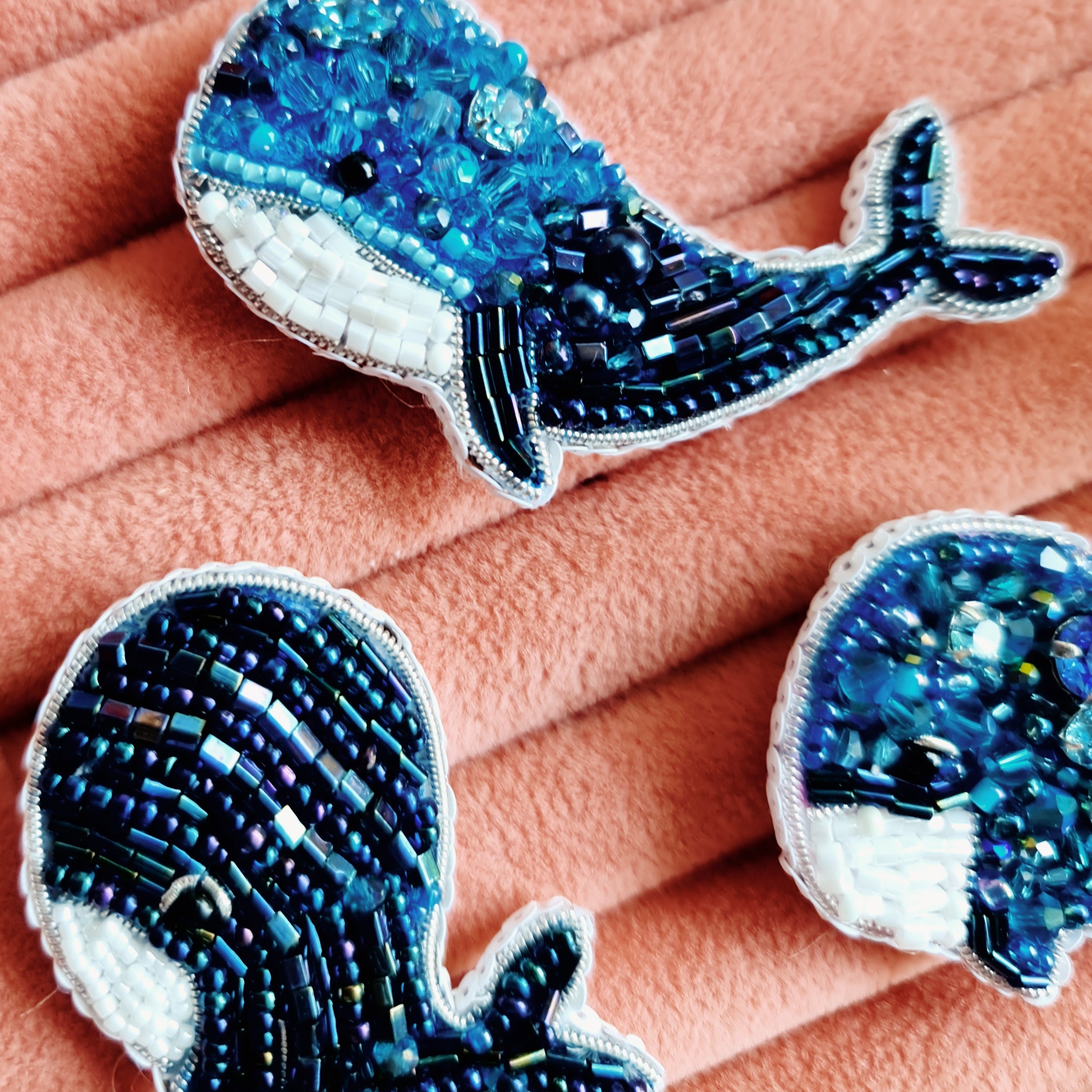 Whale beaded brooches hand embroidered with blue beads crystals and white details in three sizes