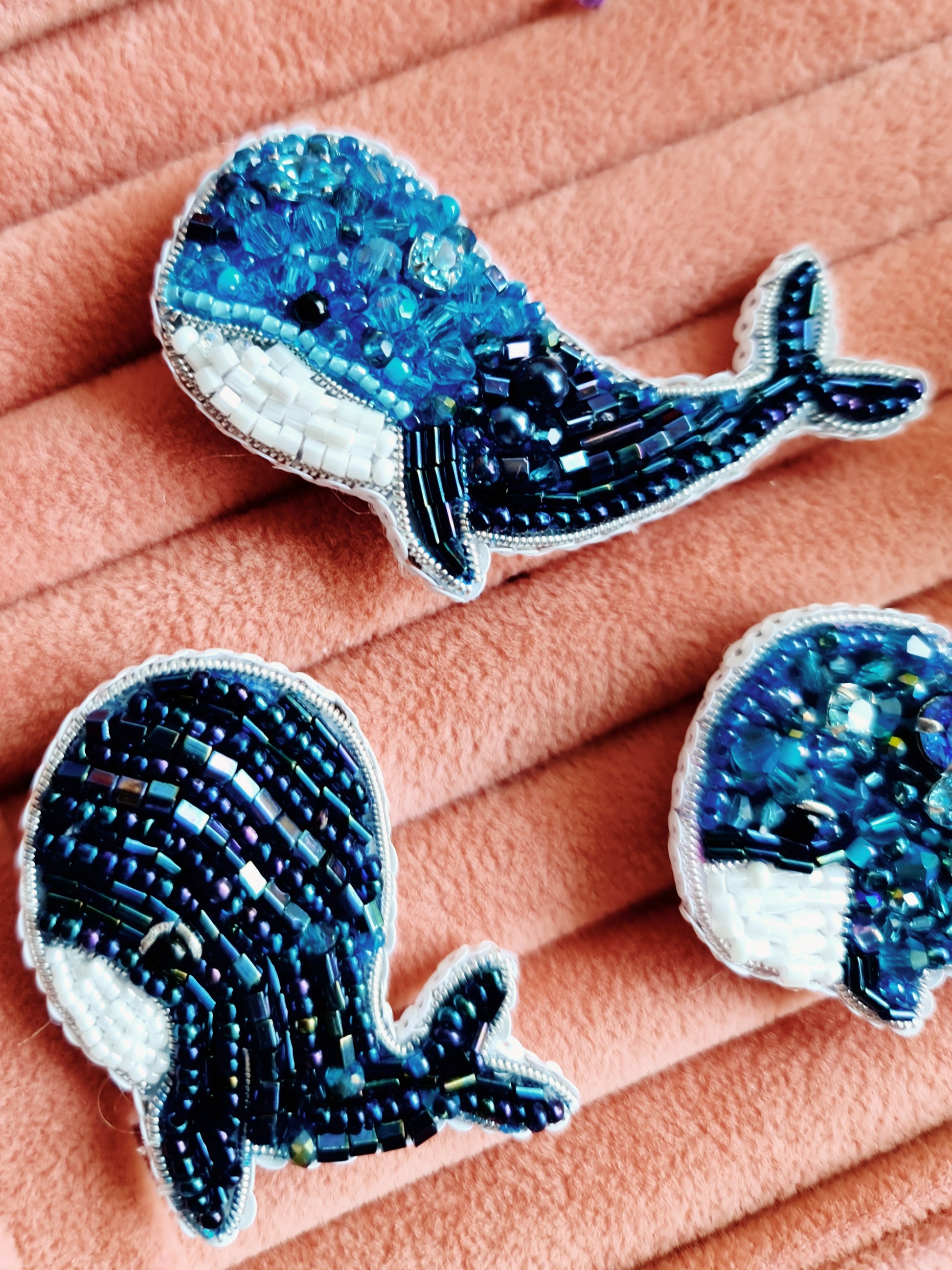Whale beaded brooches hand embroidered with blue beads crystals and white details in three sizes